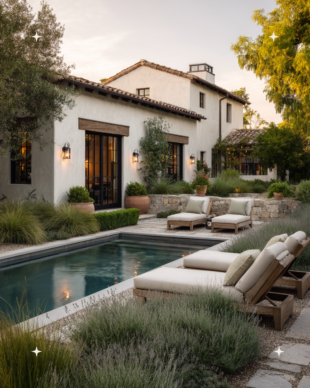 A backyard with a swimming pool, lounge chairs, potted plants, and a white stucco house with black trim and outdoor lighting, surrounded by trees and greenery.