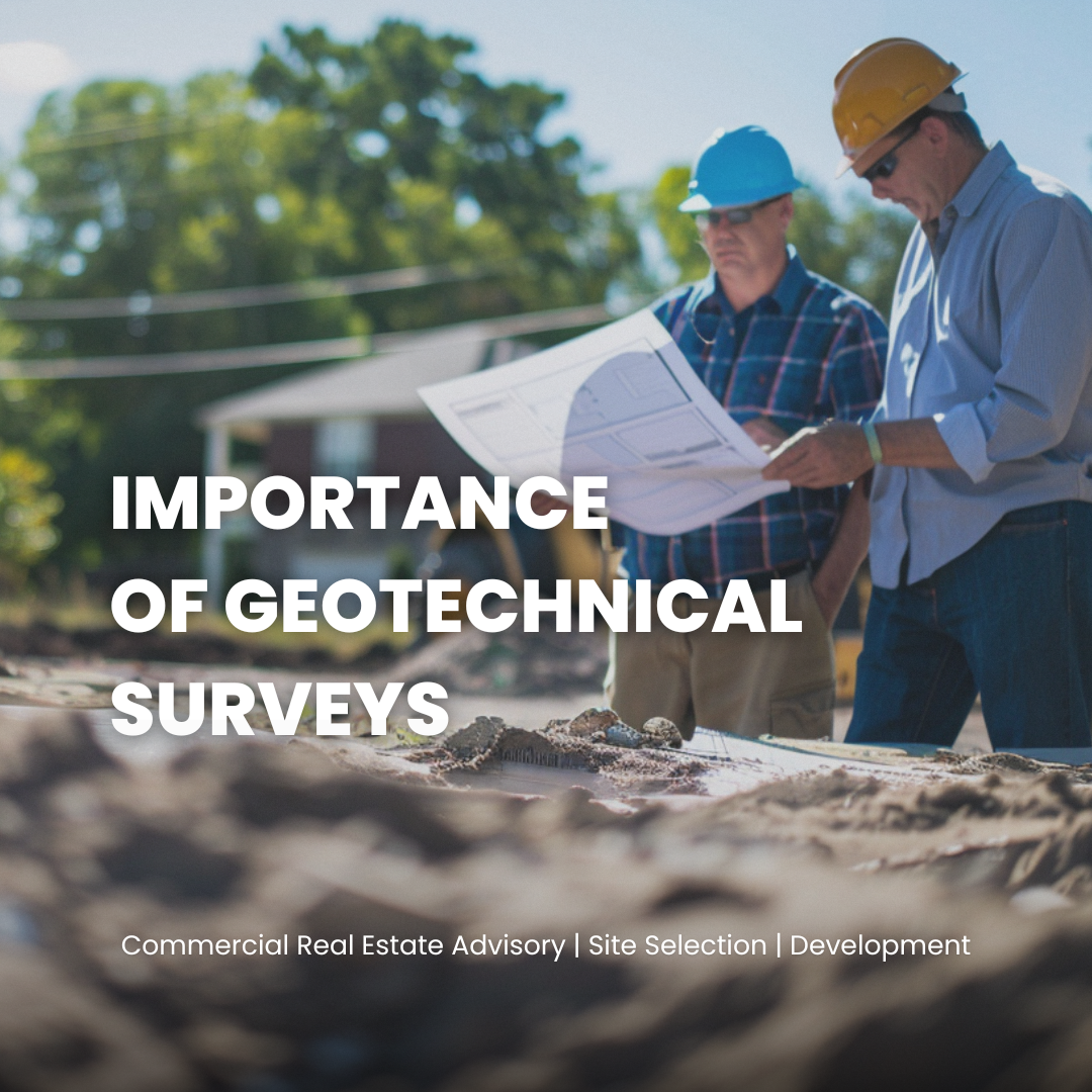 Two men at a construction site wearing hard hats, examining blueprints, with trees and a house in the background, and the overlay text 'Importance of Geotechnical Surveys'.
