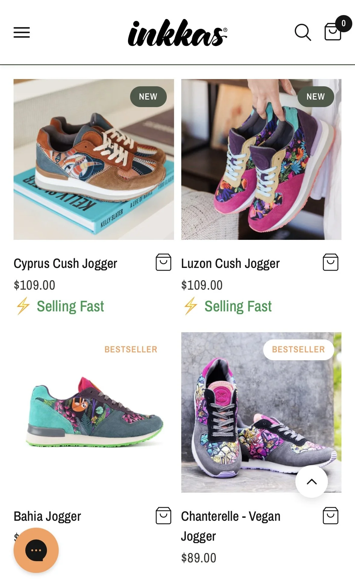 Online store display of colorful sneakers, including Cyprus Cush Jogger, Luzon Cush Jogger, Bahia Jogger, and Chanterelle Vegan Jogger, with prices and labels for each product.