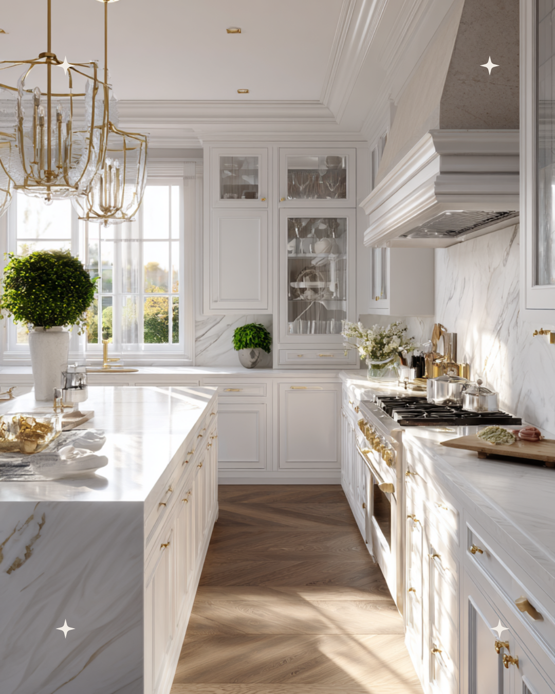 Elegant white kitchen with gold accents, marble countertops, and natural sunlight.