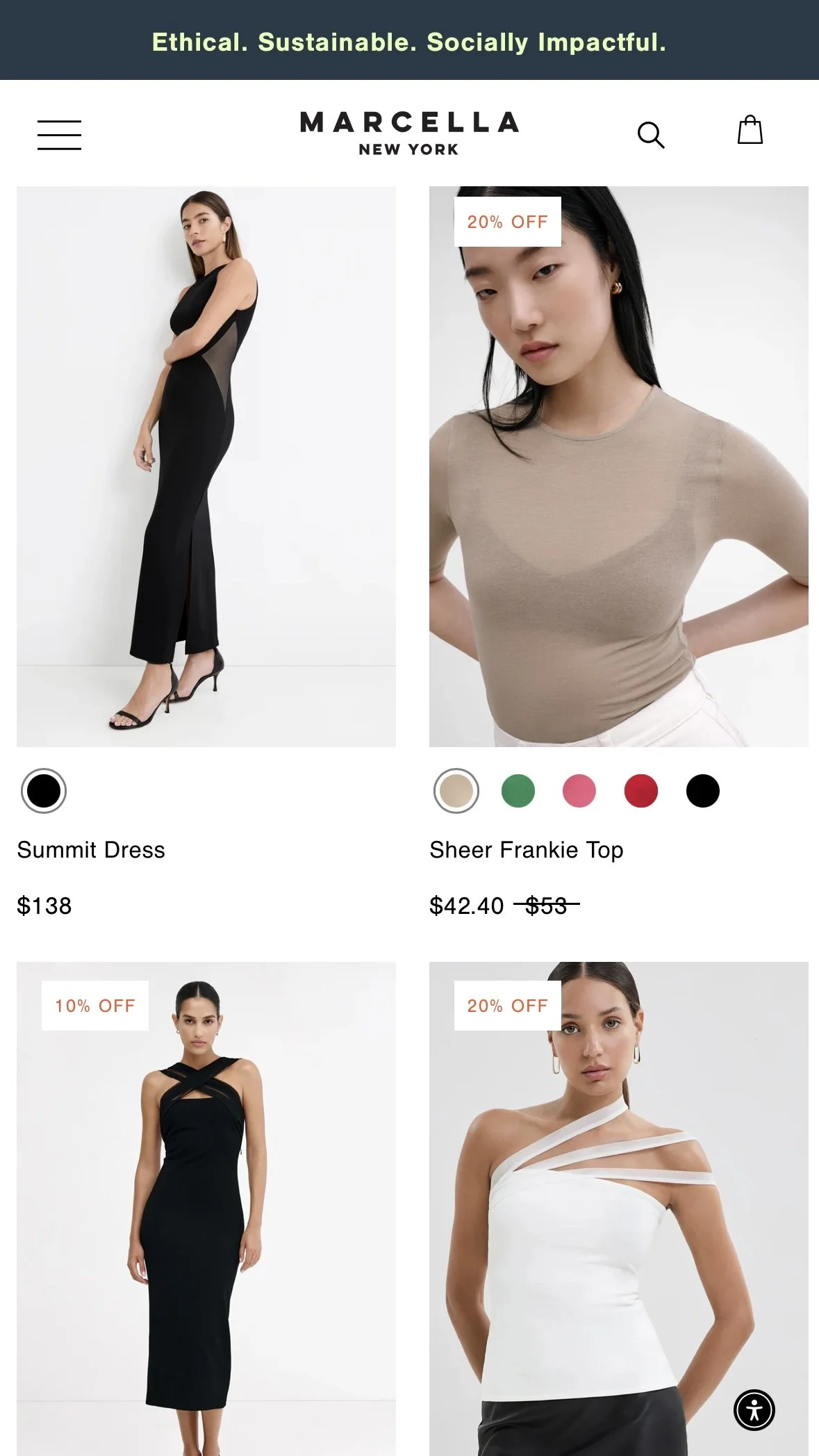 Screenshot of an online fashion store showing women's clothing, including a black evening dress, a beige sheer Frankie top, a black dress with criss-cross straps, and a white dress with cutout straps. Sale tags indicate discounts on some items.