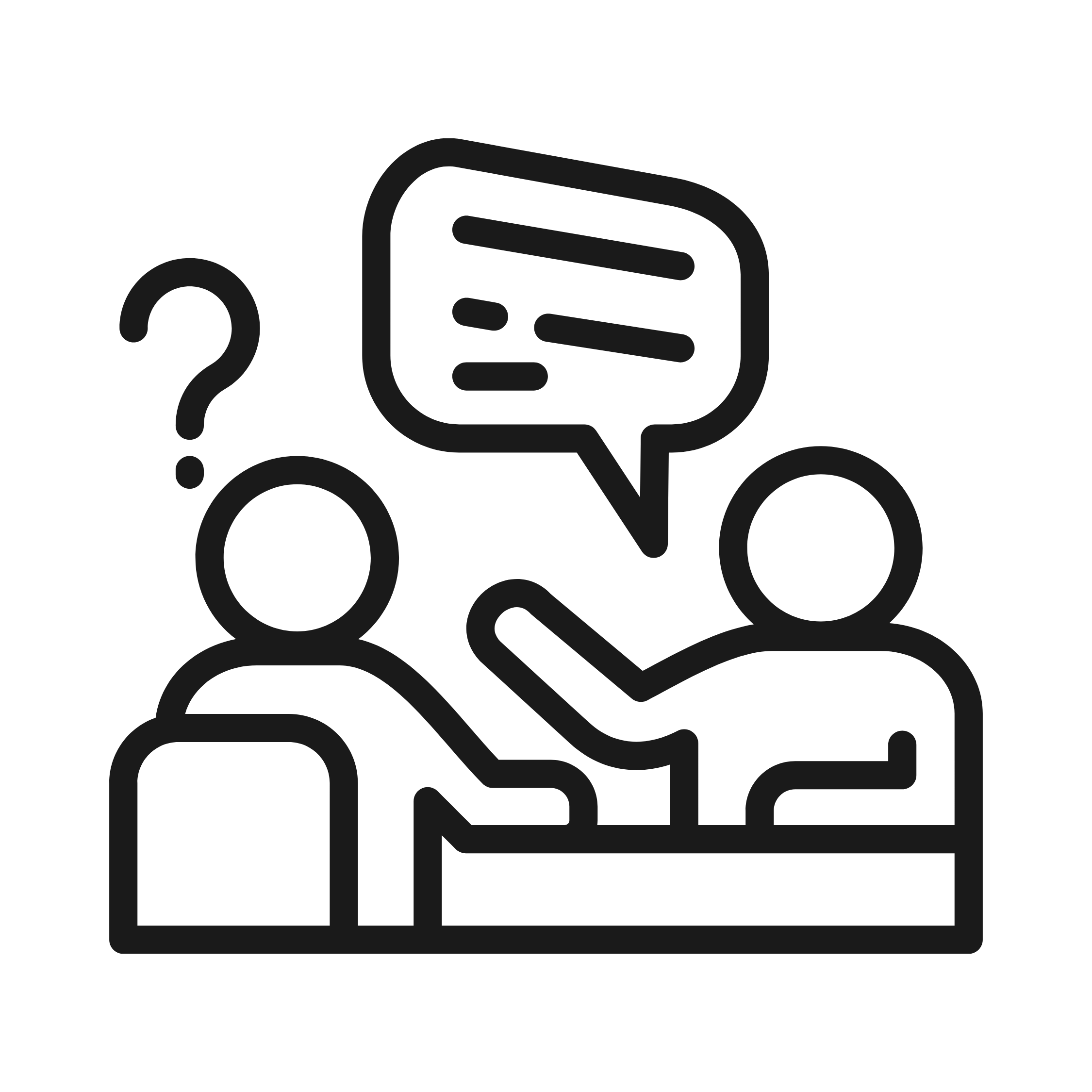 Line drawing of three people sitting around a table in a meeting or discussion.