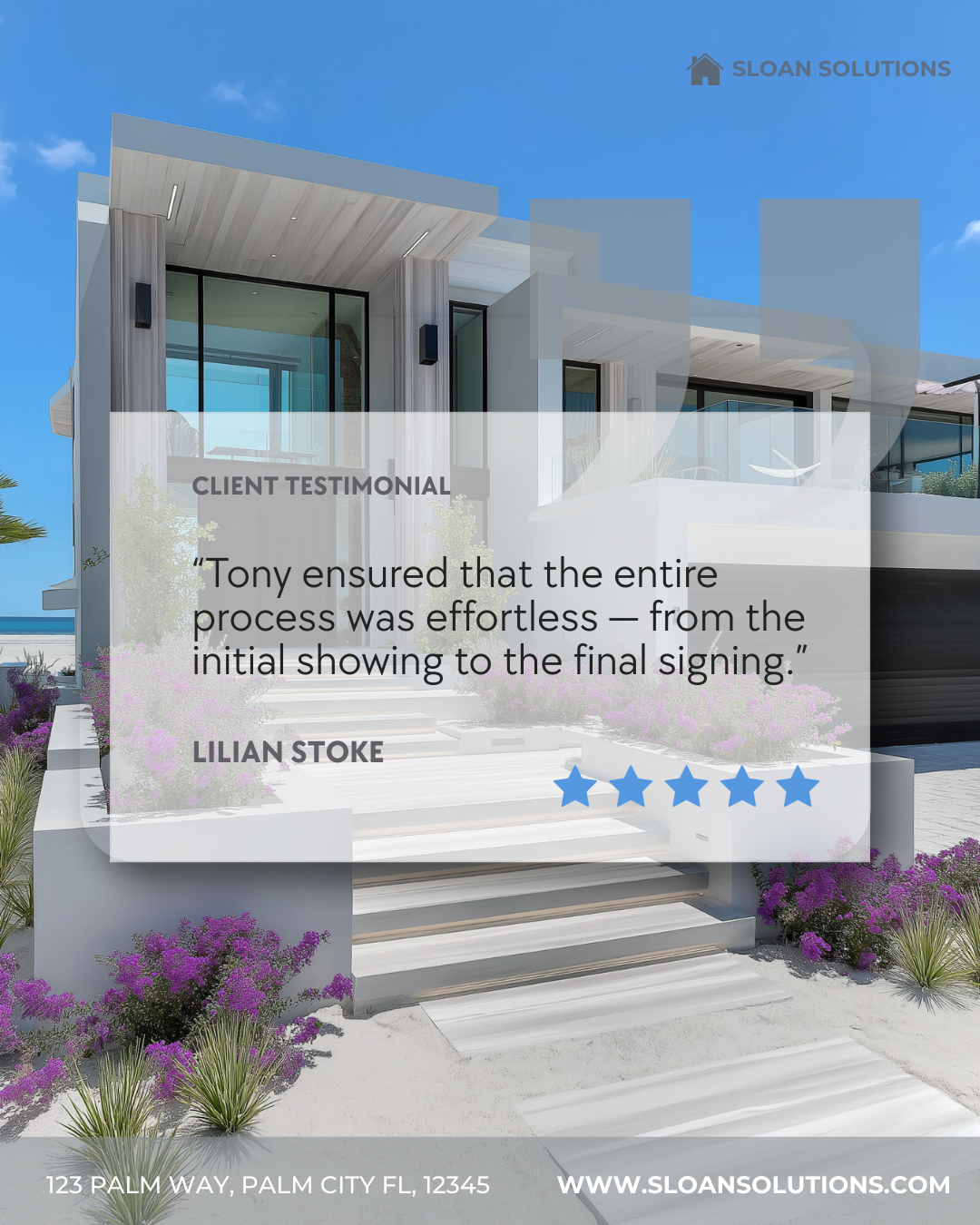 Modern white house with large glass windows, outdoor stairs, and purple flowers in landscape, under a blue sky.