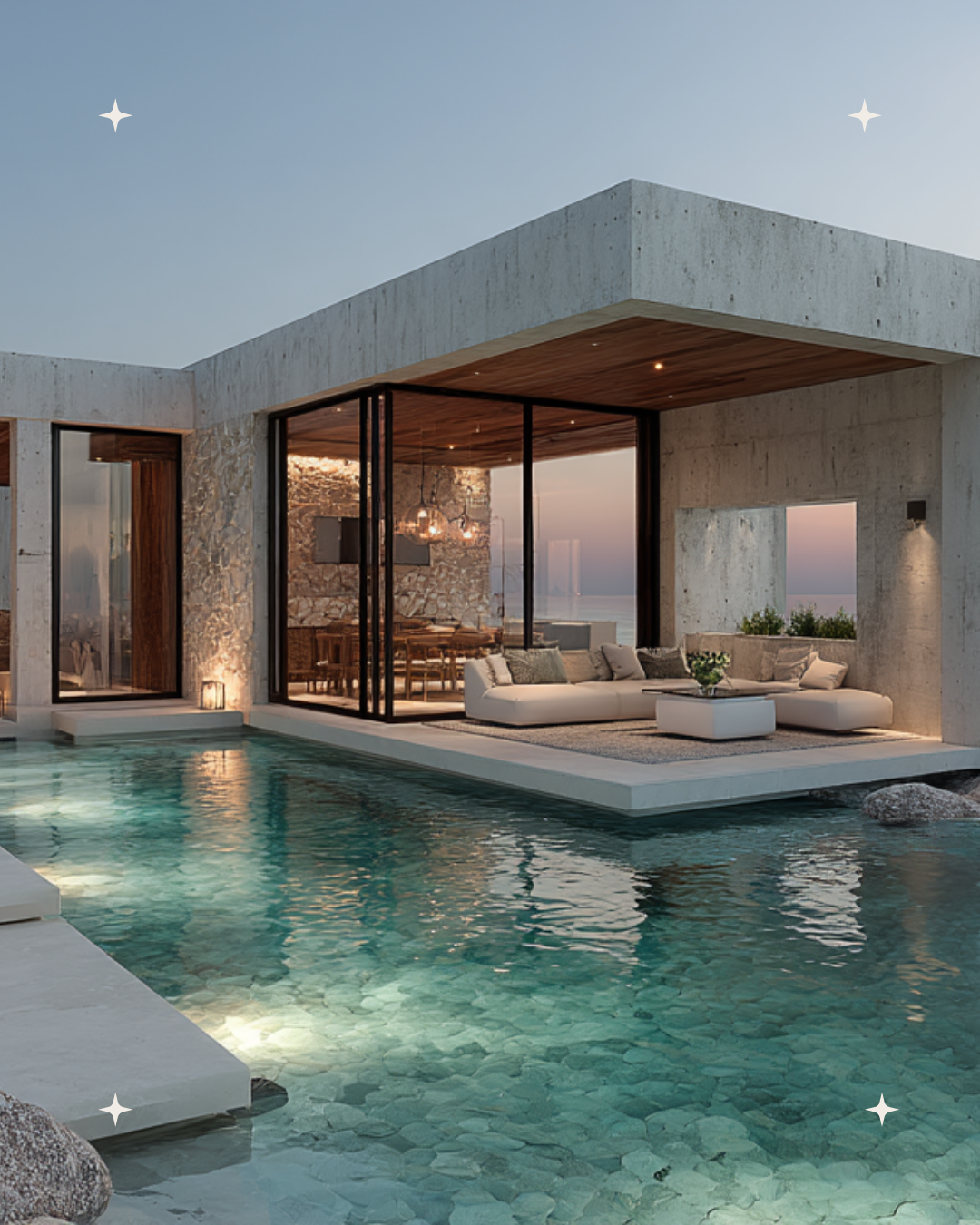 Modern house with large outdoor pool and lounge area, overlooking a beach at sunset.