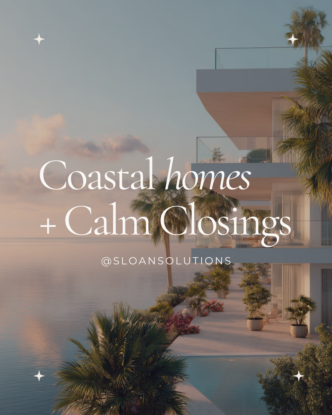 A modern coastal home with a pool, palm trees, and a sunset view over the water.