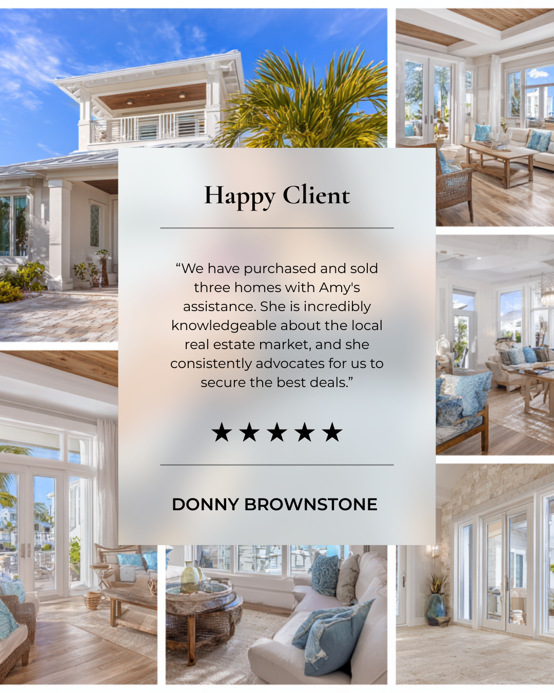 Testimonial letter with images of a white modern house, a tropical plant, and bright, furnished interior rooms with windows and natural light.