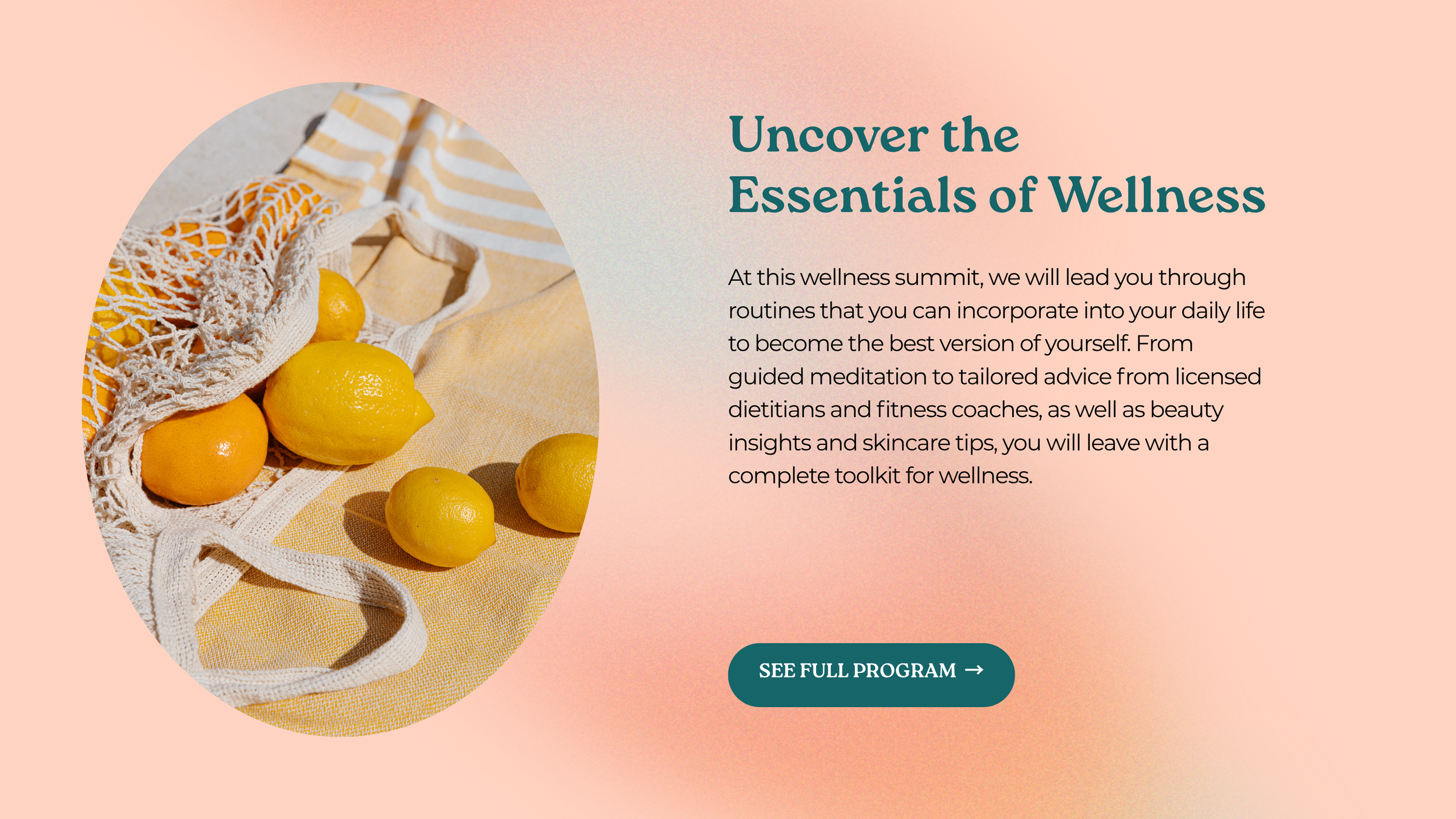 Lemons in a reusable mesh bag and on a yellow cloth, with a pink gradient background and text promoting wellness and a program.