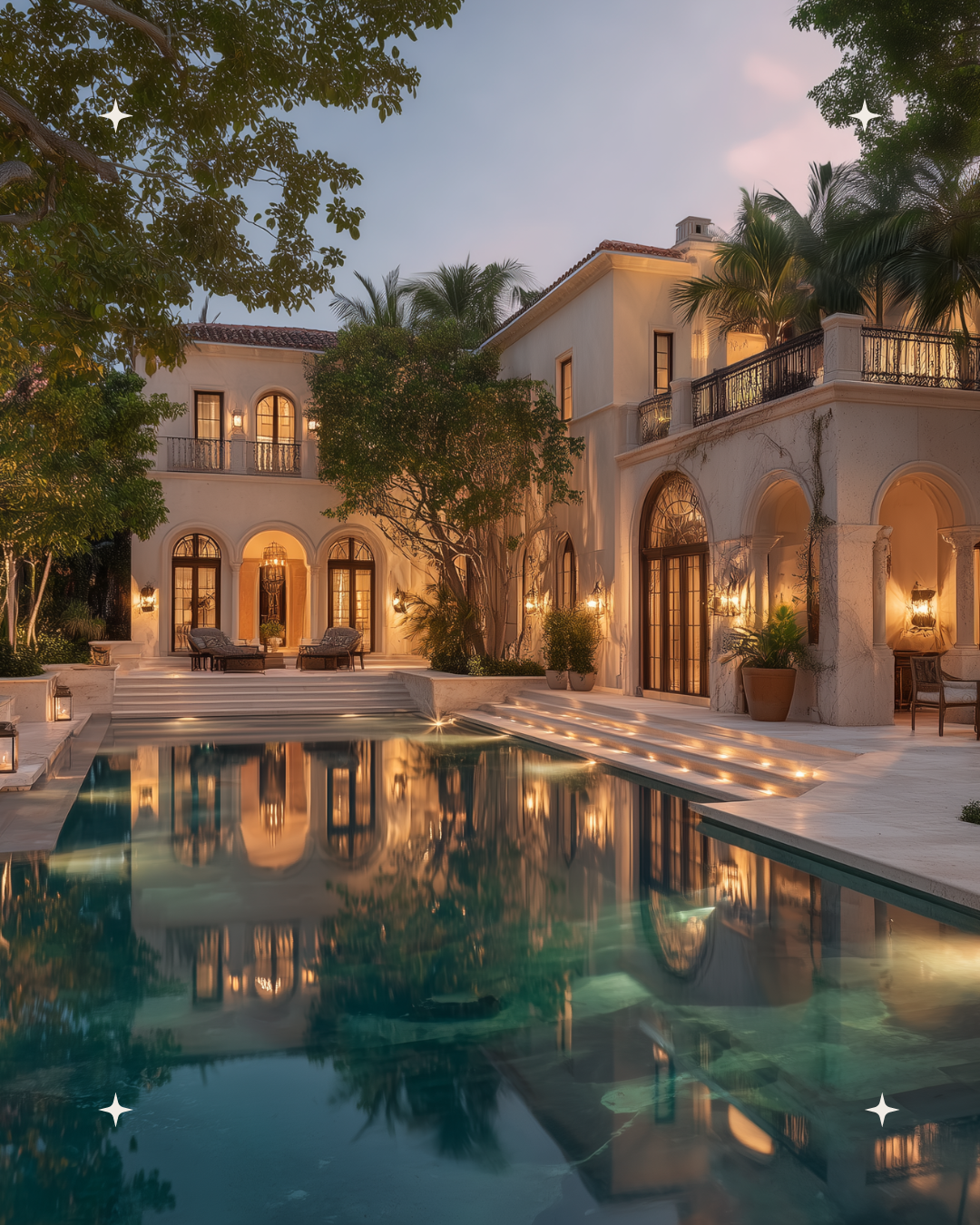 Luxury mansion with arched windows and outdoor lighting reflecting in a swimming pool at dusk, surrounded by trees and potted plants.