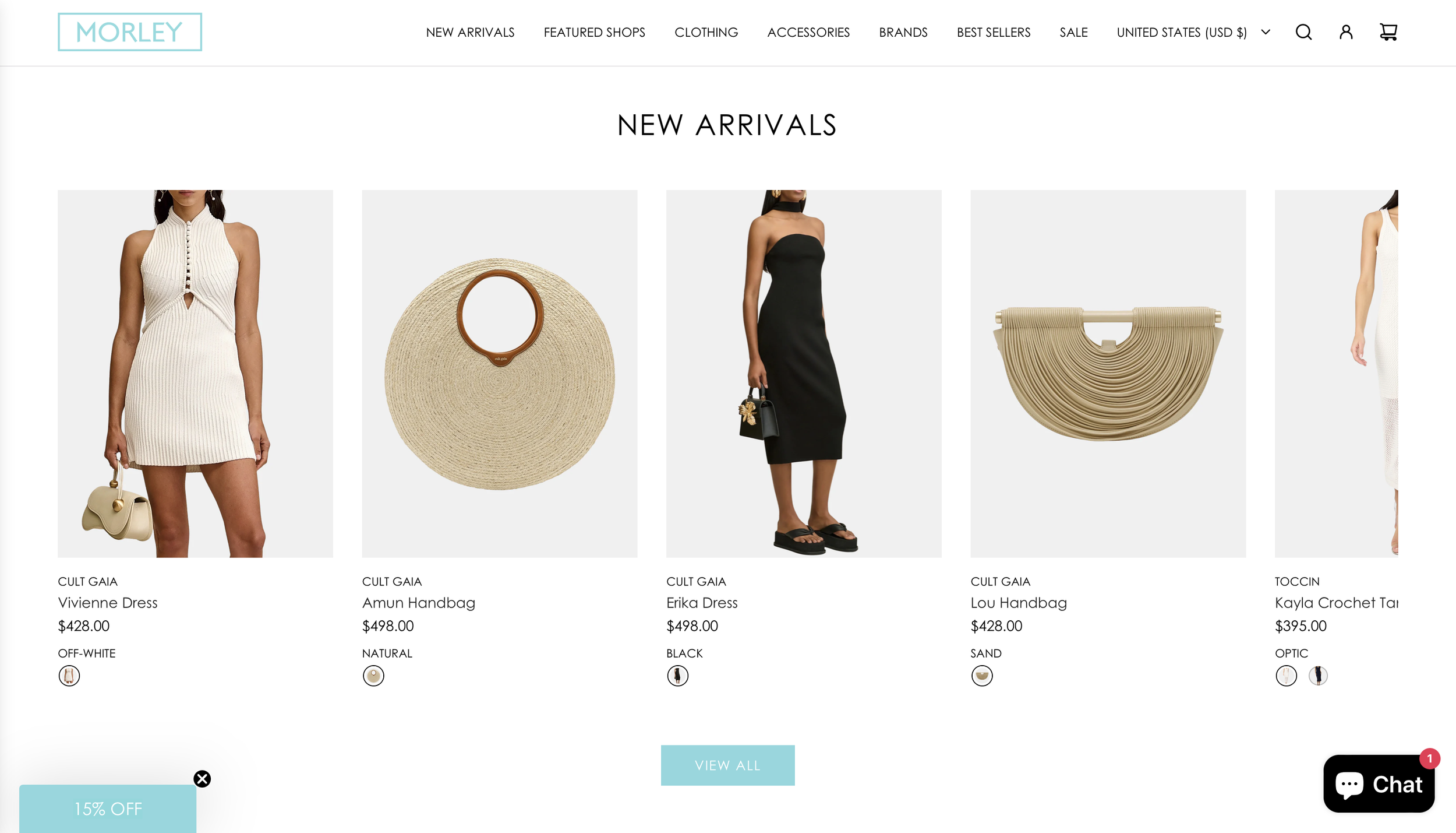 Online fashion store displaying new arrivals including a beige knit dress, a round straw handbag with a wooden handle, a black strapless dress, a beige fan-shaped handbag, and a white crochet dress. The site features navigation links, a search bar, p
