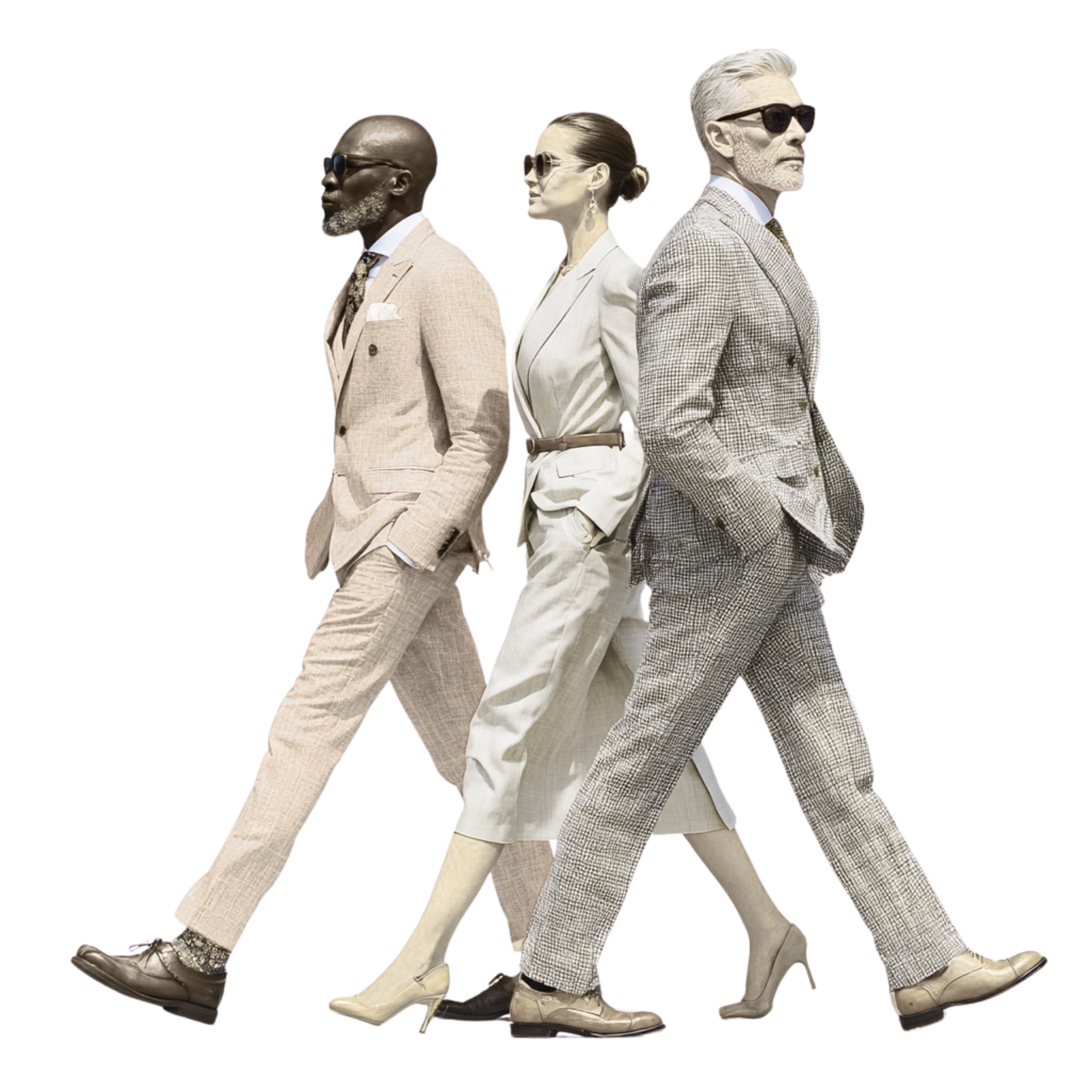 Three stylishly dressed people in business suits walking in a line with confident expressions, wearing sunglasses.