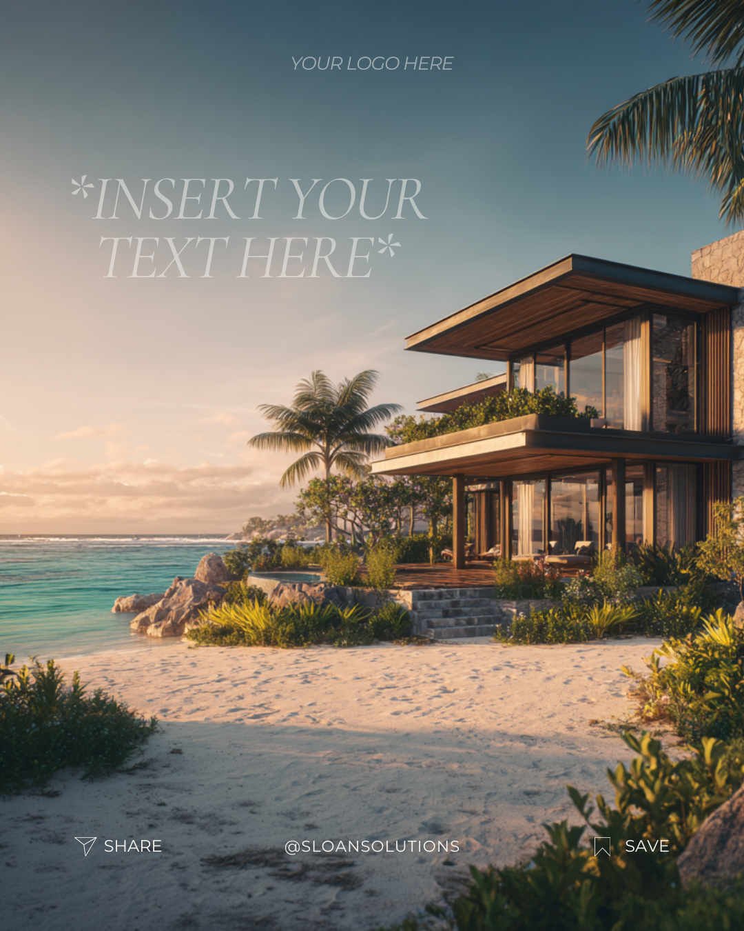 Beachside modern house with large windows, palm trees, and sandy shore during sunset