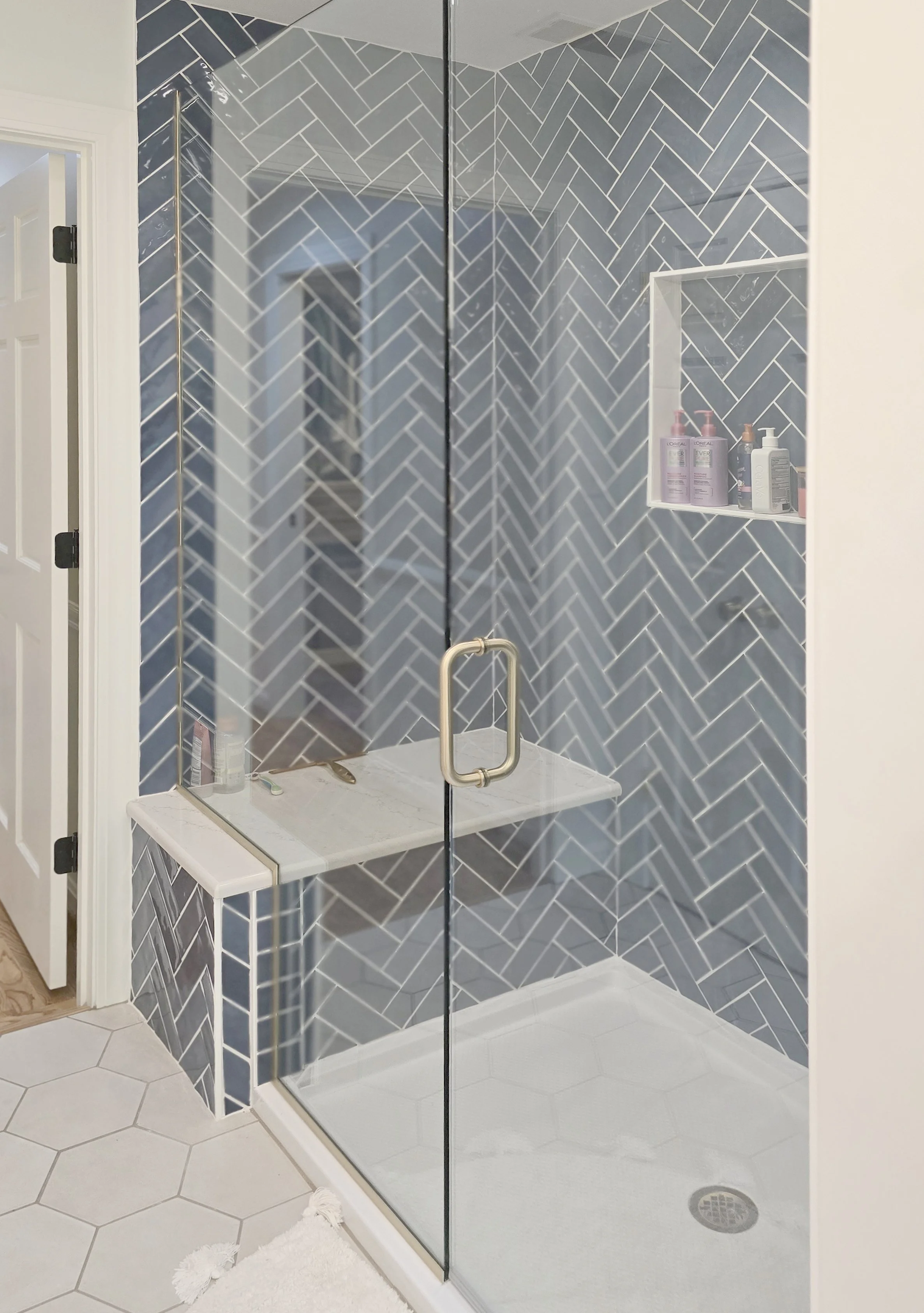 Blue Herringbone Tile, Glass Shower Enclosure, Bench