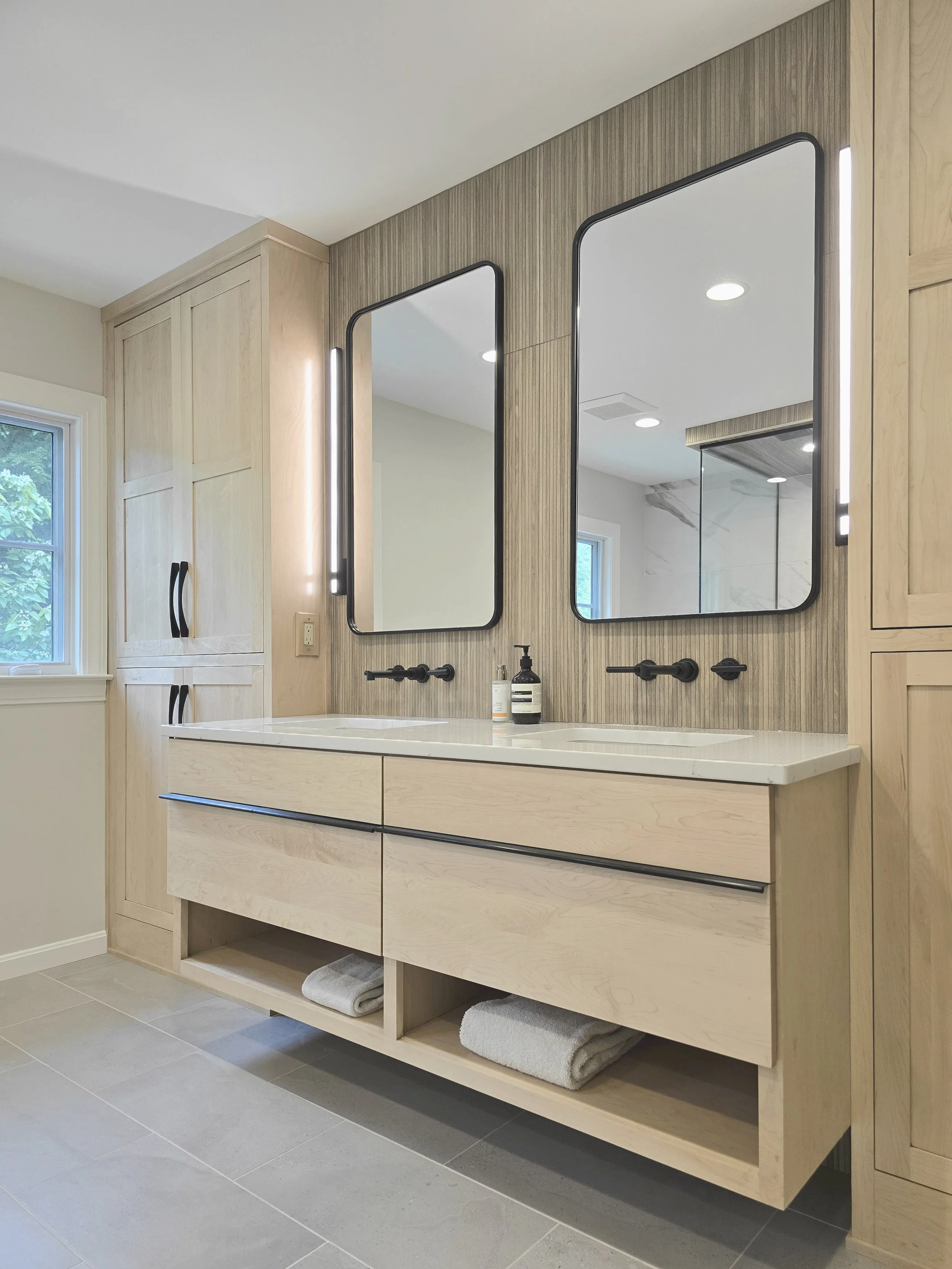 Floating Vanity, Pure Edge Stix Vertical Light, Moen Arris widespread wall mounted faucet, modern finger edge pulls