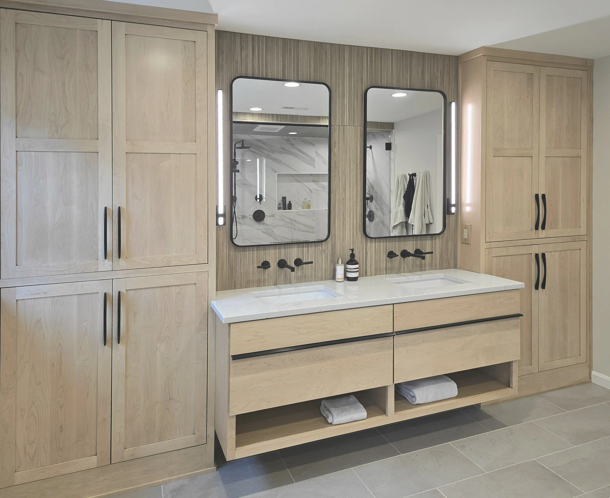 Floating Vanity, Pure Edge Stix Vertical Light, Moen Arris widespread wall mounted faucet, modern finger edge pulls