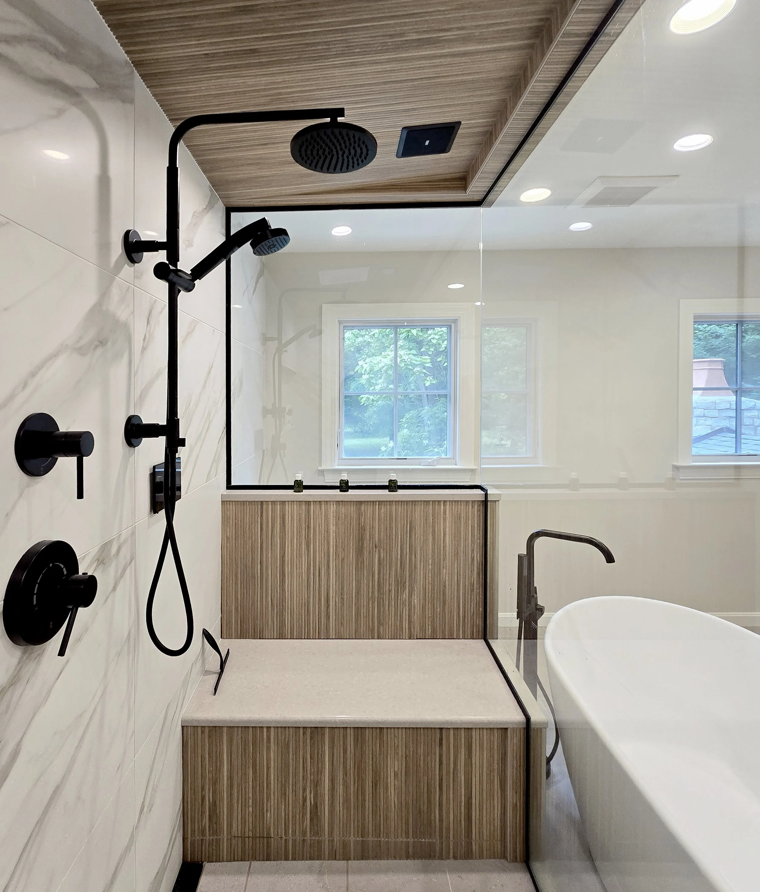 Steam shower, signature hardware winifred bath, signature hardware lexia freestanding tub faucet with hand shower, signature hardware lexia pressure balance shower system with slide bar and hand shower, matte black, rain shower head