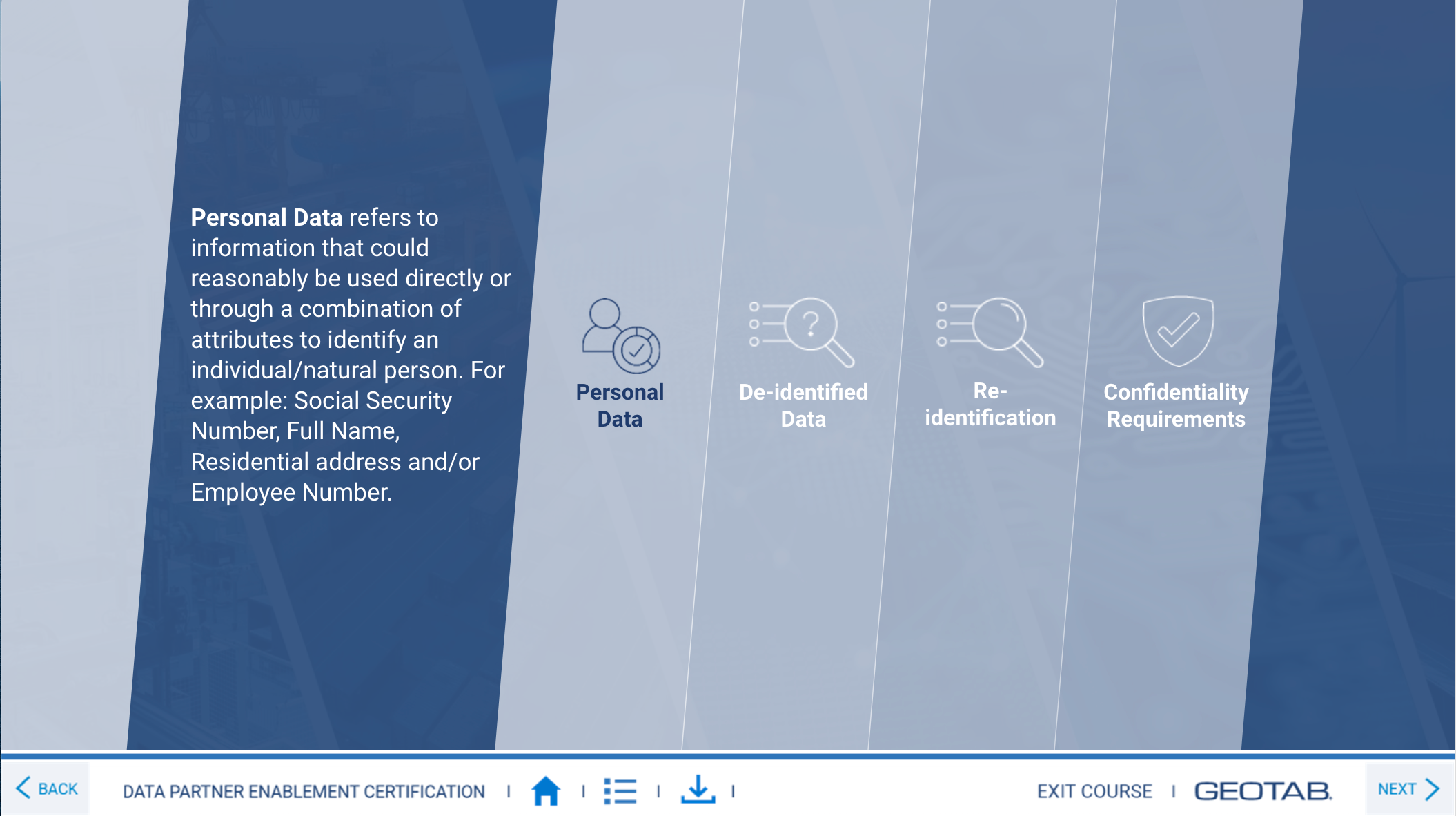 eLearning screen from Geotab's Data Partner Course. There is a block of text with a definition and 3 additional tabs the learner clicks on for more information on De-identified Data, Re-identification, and Confidentiality Requirements.