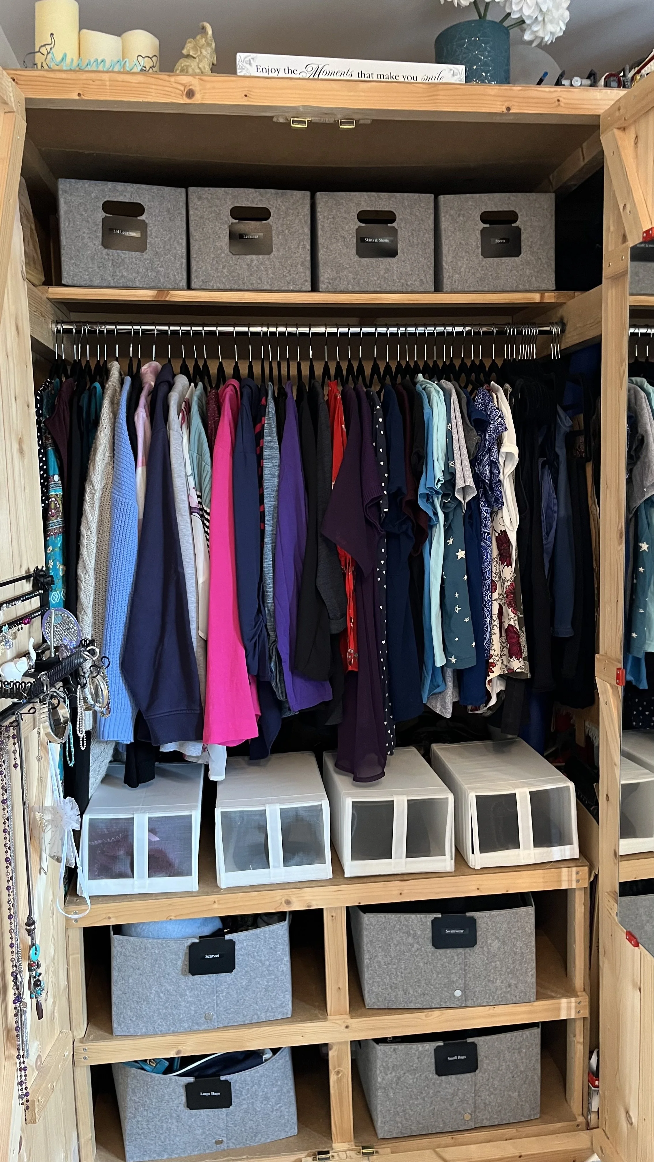 Organized closet with hanging clothes, storage boxes, and jewelry.