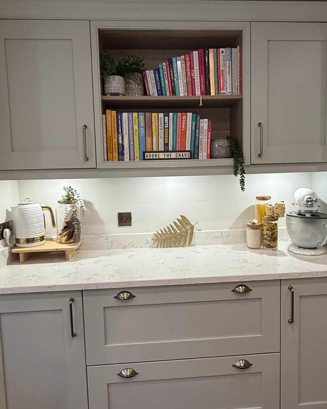 Kitchen countertop with coffee maker, glass jar with greenery, decorative skeleton leaf, jars with cereal and snacks, and a stand mixer. Open medicine cabinet with books and plants above the counter.