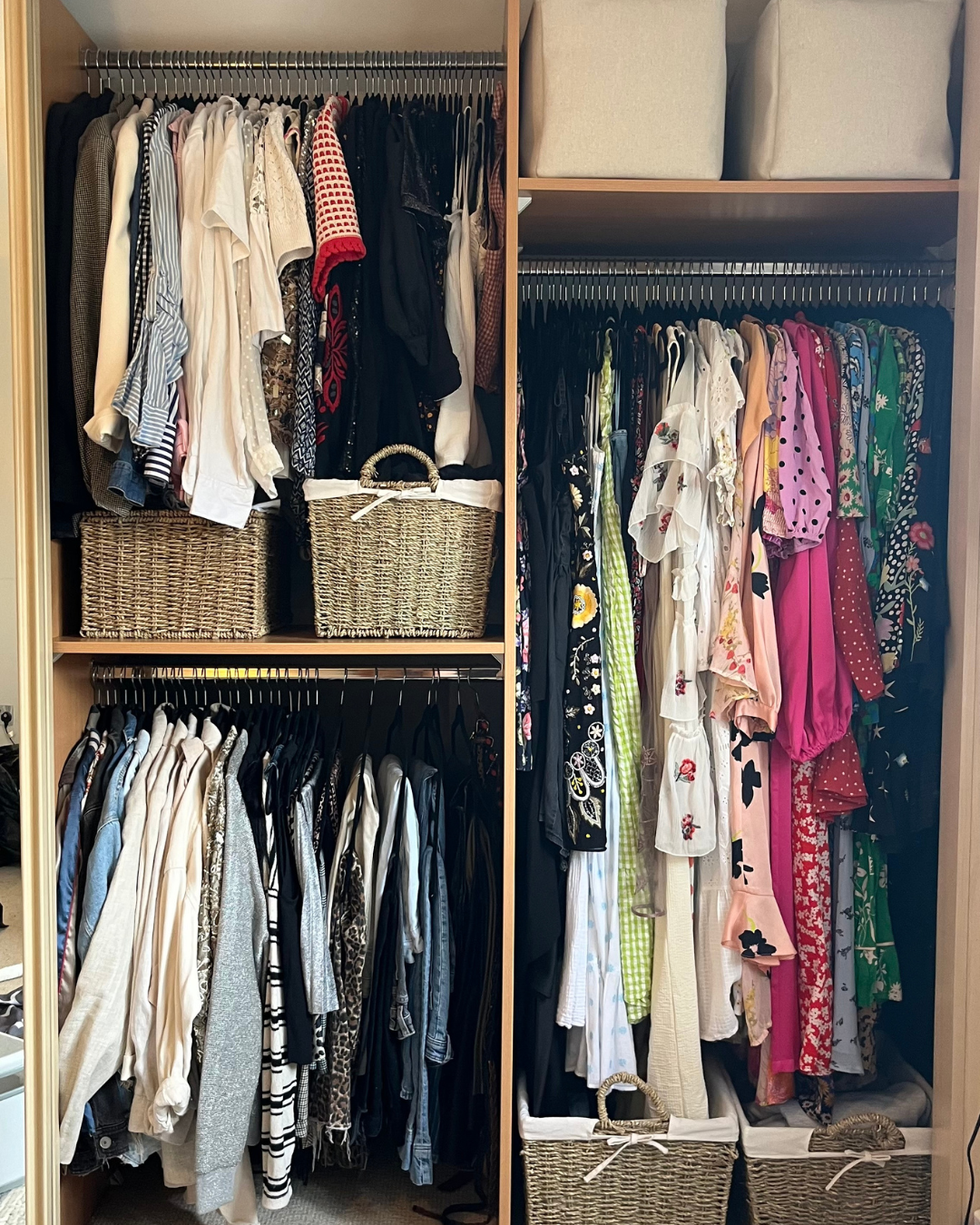 A wardrobe with neatly organized clothing, baskets, and storage bins.