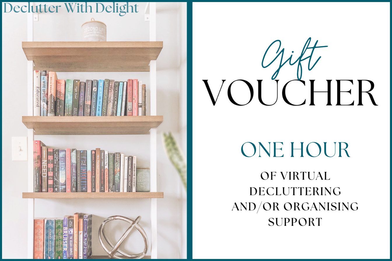 A digital gift voucher for one hour of virtual decluttering and organizing support, featuring a bookshelf filled with colorful books on the left and the voucher details on the right.