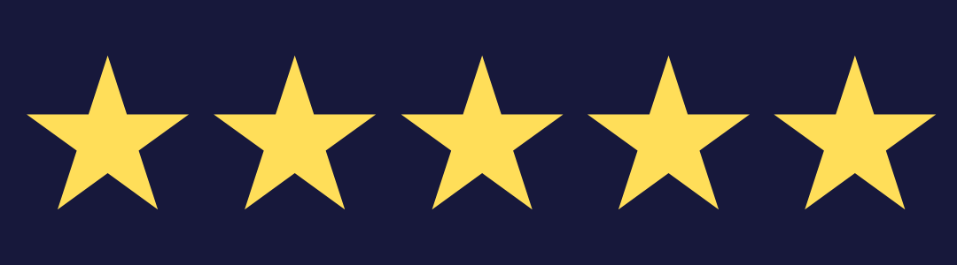 Five gold stars on a navy background, representing a five-star rating.