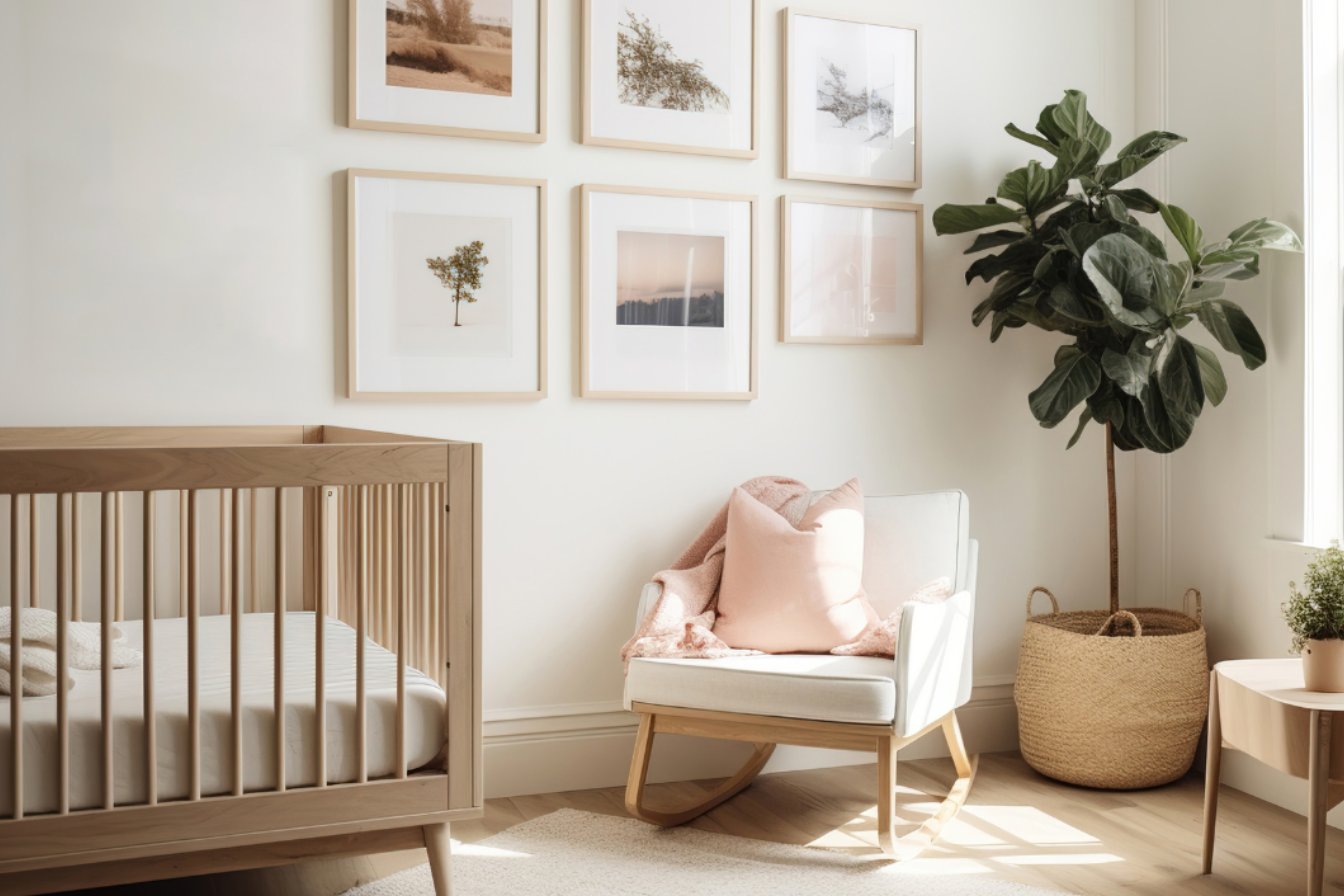 A nursery with a wooden crib, a white rocking chair with pink pillows, a large potted fiddle leaf fig plant, a small side table with a potted plant, and a gallery wall of framed photos.