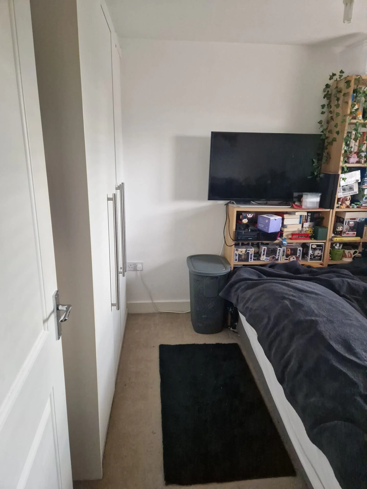 A bedroom corner with a white wardrobe, a bed with a dark blanket, a black rug, a waste bin, a flat-screen TV on a wooden shelf, and a bookshelf with various items and a plant.