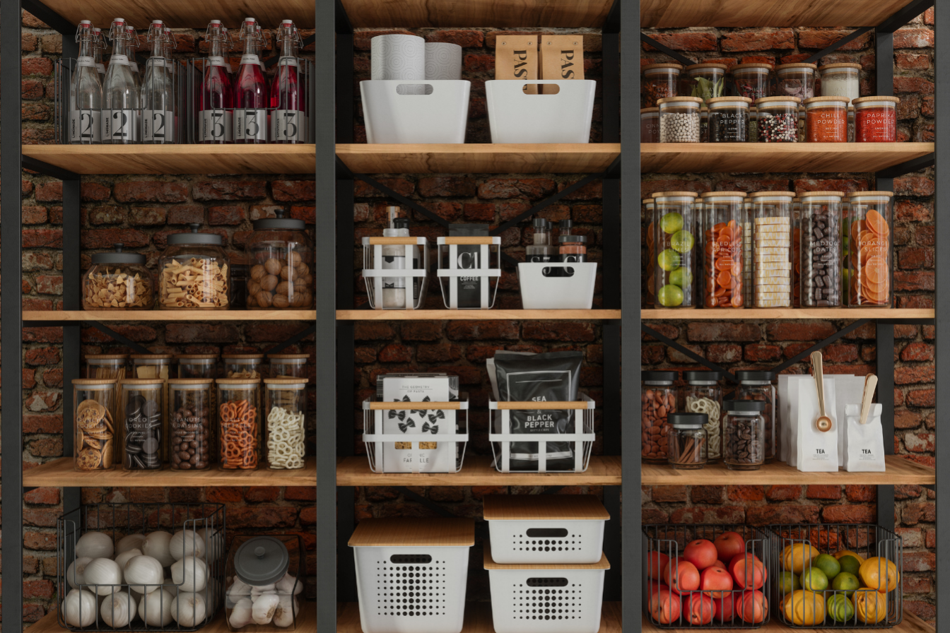 Organized kitchen pantry with shelves containing glass bottles, jars with pasta and sweets, white storage baskets, spice jars, and baskets with fruits, against a brick wall.