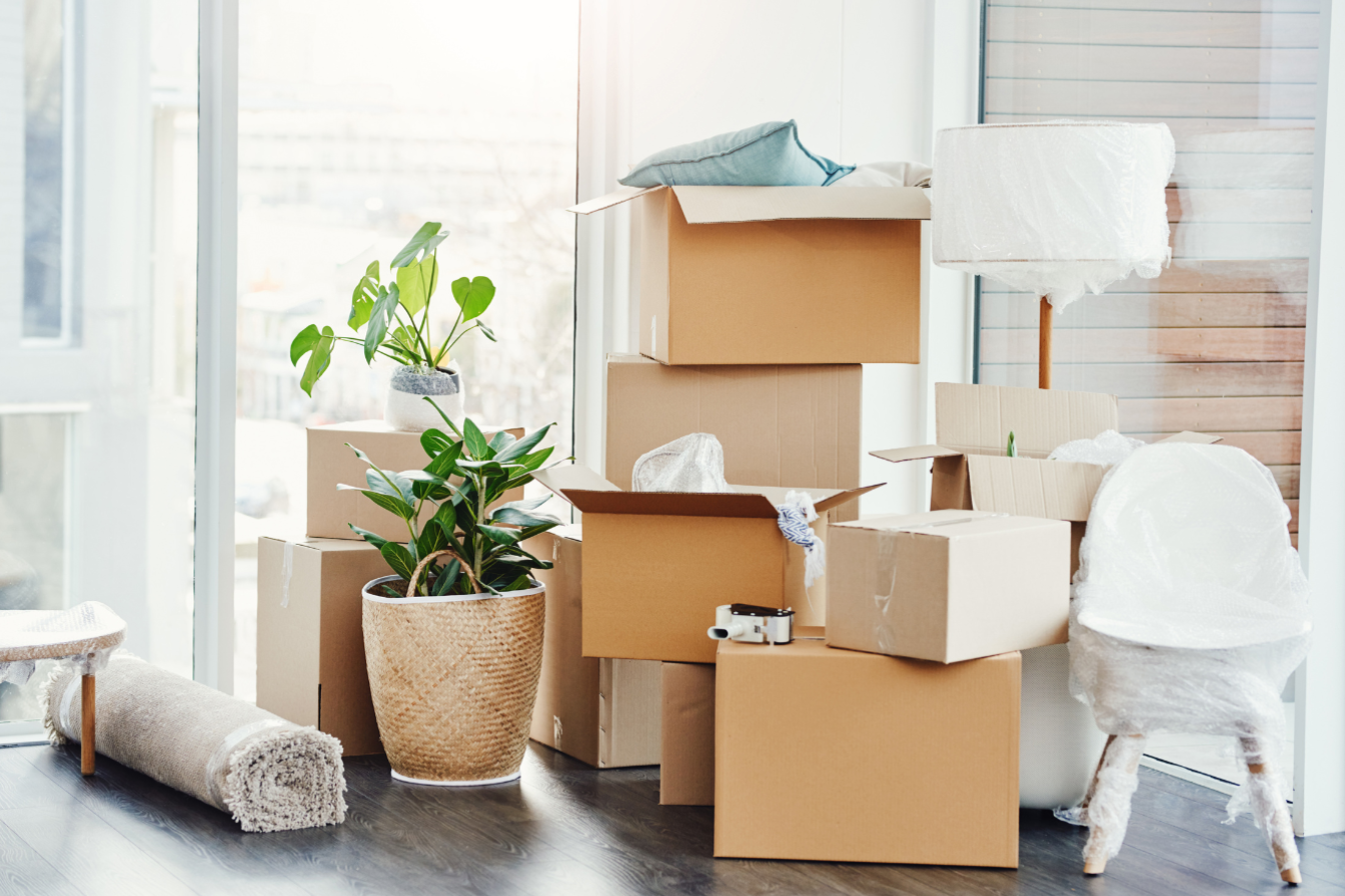 Moving boxes and furniture in a bright room with large windows.