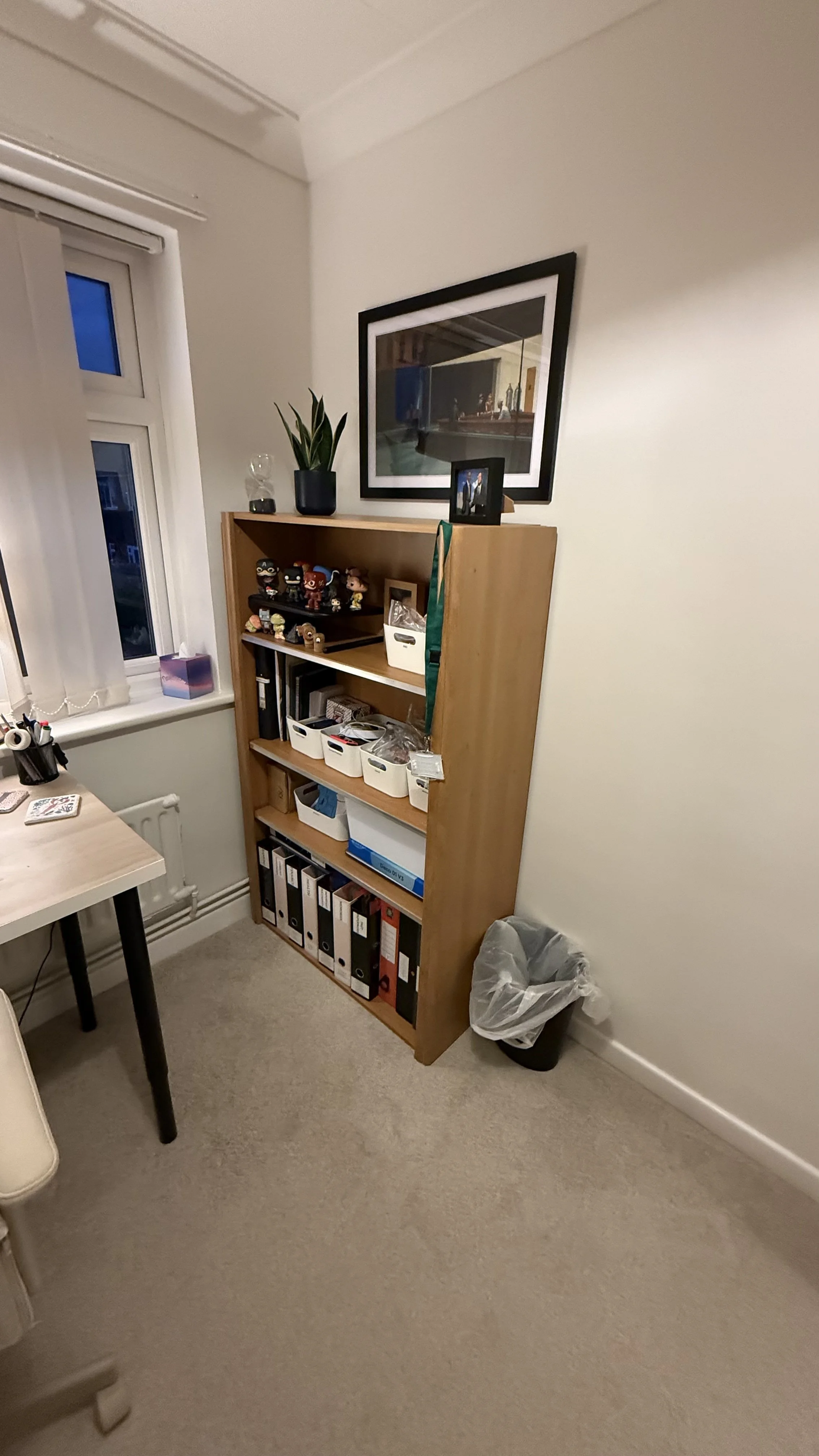 A wooden bookshelf filled with binders, folders, and various storage boxes, with a framed picture hanging above it. There is a green potted plant on top and a small framed photo. To the right, a white wall and a small trash bin with a plastic liner a