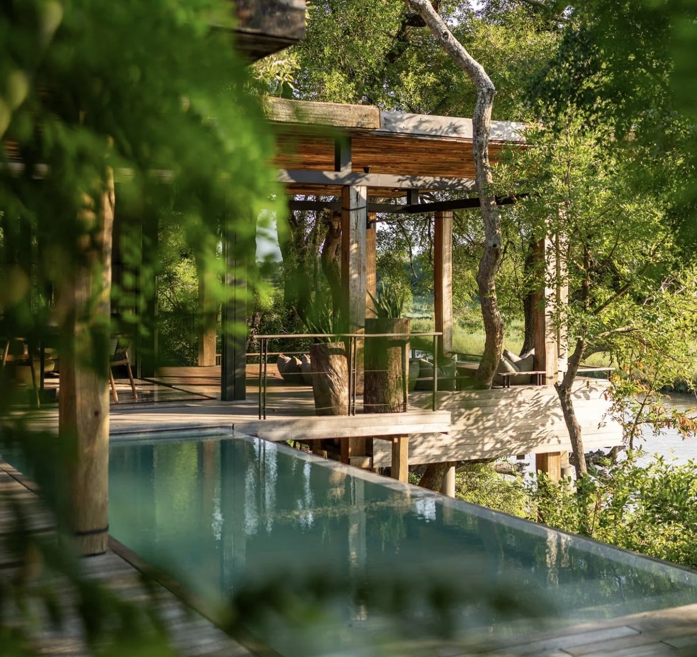 Tengile Lodge, lounge deck overlooking watering hole in Greater Kruger