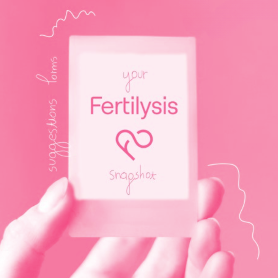 Pink background with a person holding a white card that says 'your Fertilitysist snapshot' with a pink illustrated heart. Side text reads 'sugggestions for'.