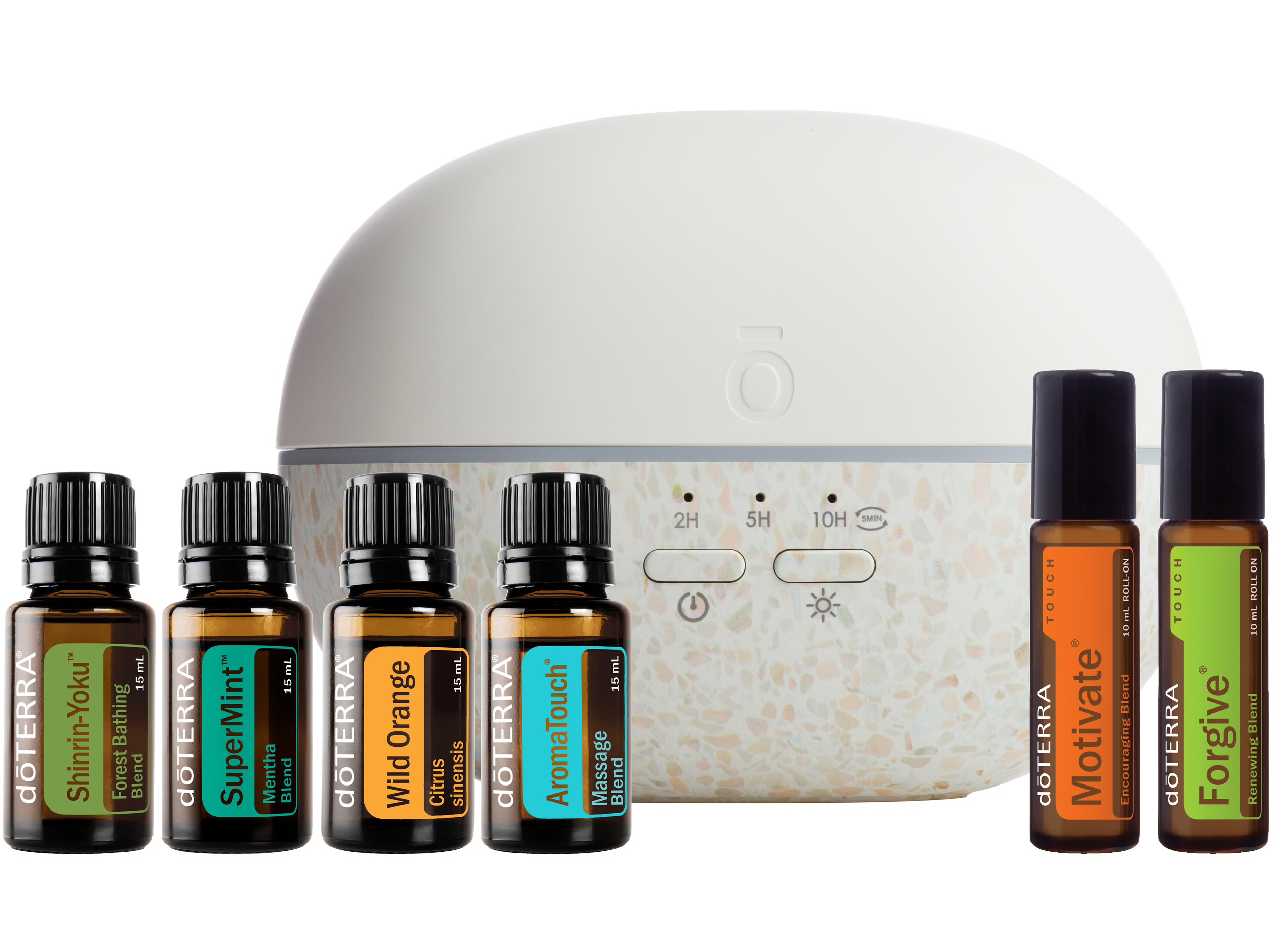 A white diffuser with a rounded shape and multiple essential oil bottles arranged in front of it. The bottles have colorful labels indicating different aromas and blends.