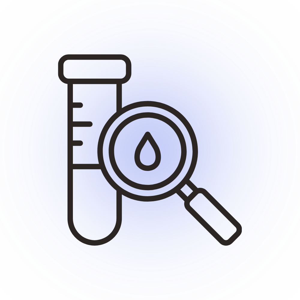 Test tube and magnifying glass with a droplet inside, representing chemical or scientific analysis of liquids.