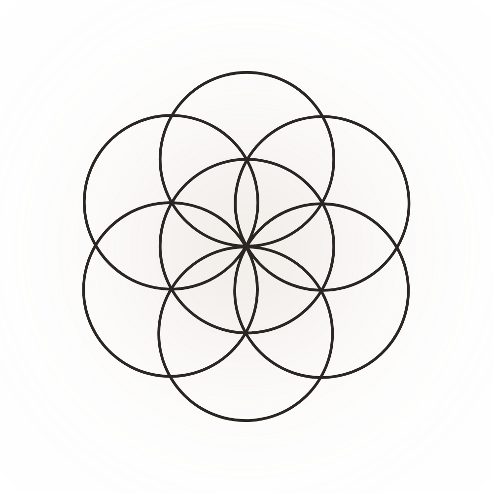 Geometric pattern consisting of interconnected circles creating a symmetrical flower-like design.