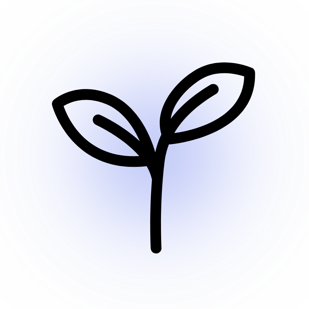 A simple black line drawing of a sprouting plant with two leaves on a circular gradient blue background.