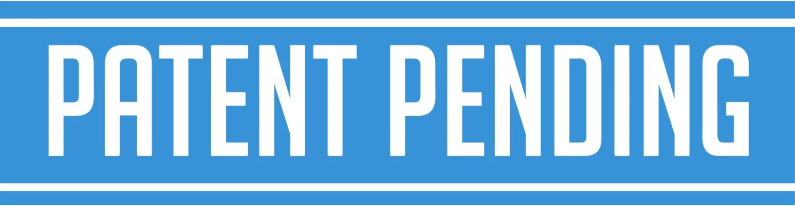 Sign that says 'Patent Pending' in white text on a blue background.