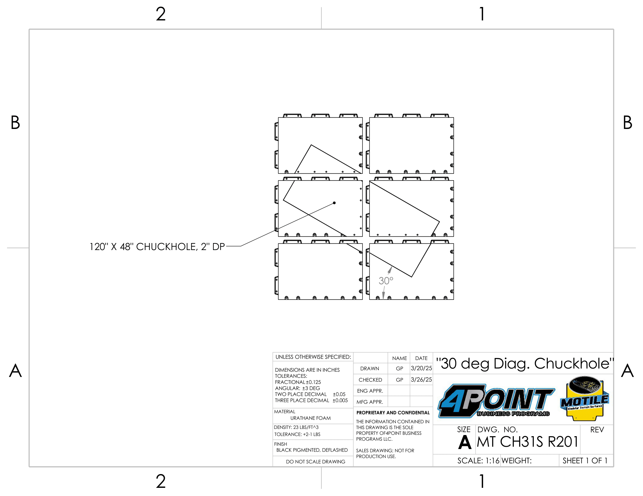 Technical engineering drawing of a mechanical part with six rectangular panels, detailing measurements for a chuckhole with 120 by 48 inches and 2-inch diameter, including angles and annotations.