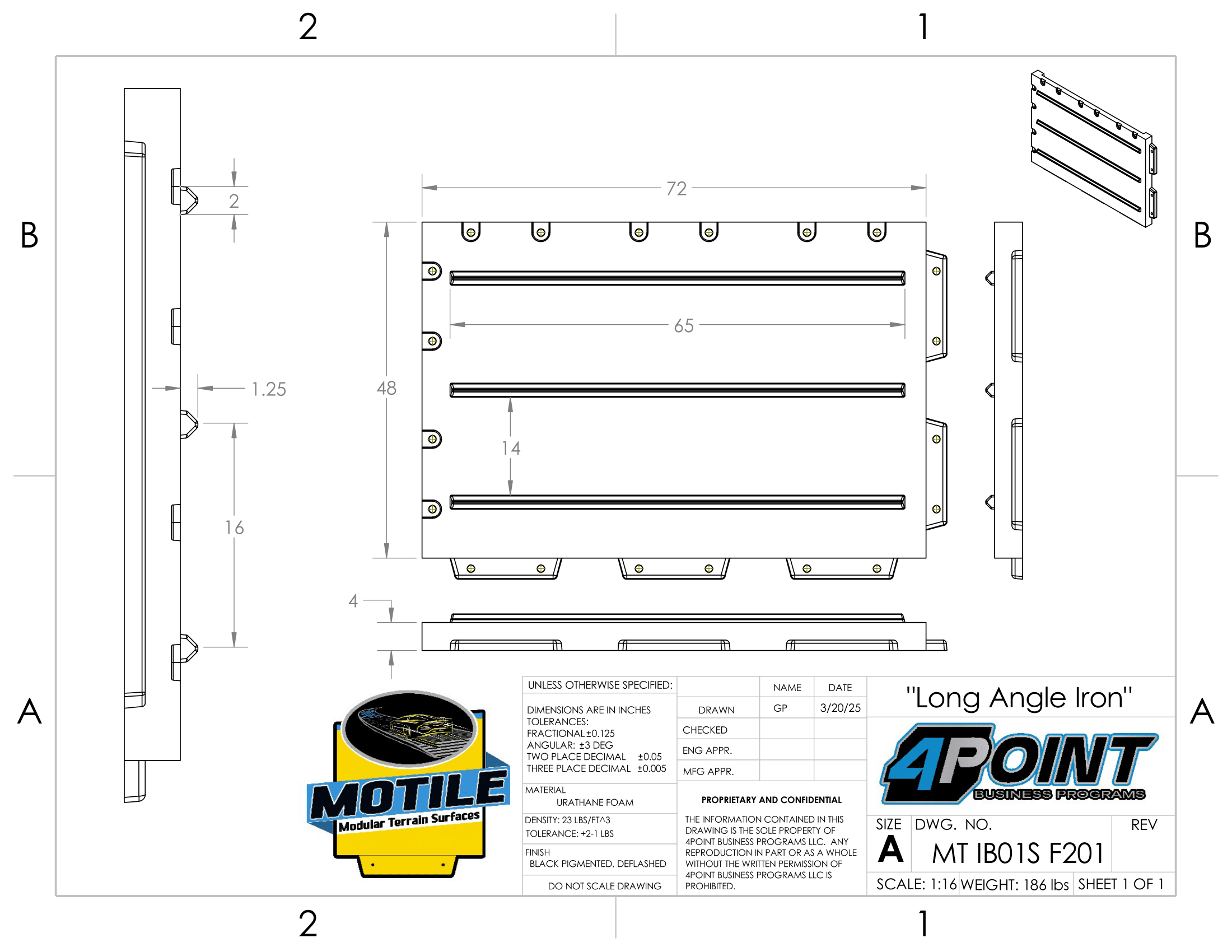 Technical drawing of a long angle iron with detailed dimensions and annotations, featuring side, front, and isometric views, and including logos for Motile Modular Terrain Surfaces and 4Point Business Programs.