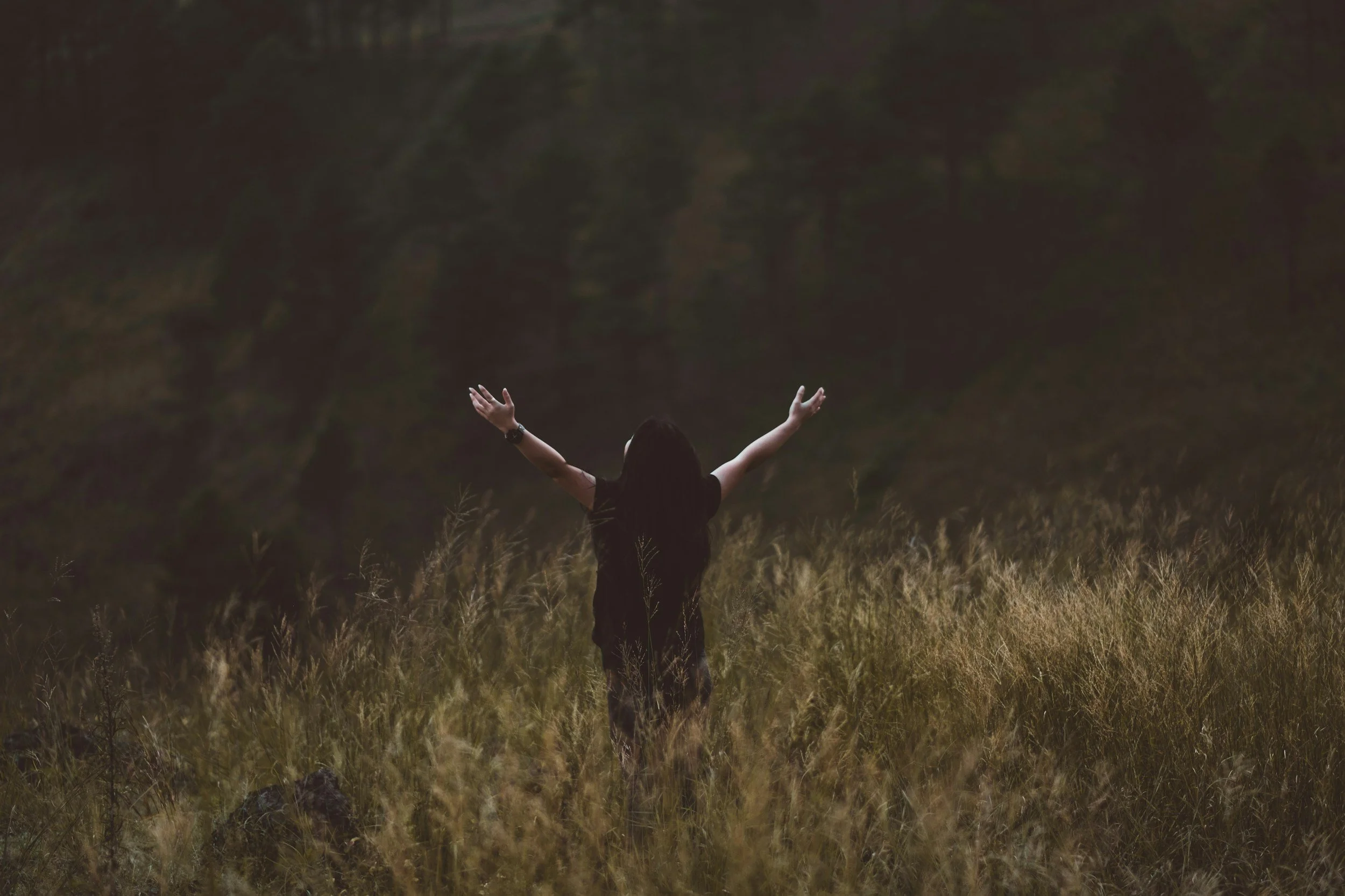 A woman with dark hair and wearing black clothing stands in a field of tall grass with her arms raised up and outstretched, facing away from the camera.