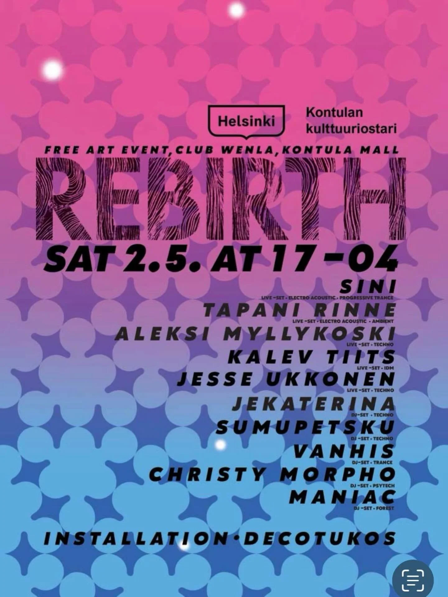 T&Auml;N&Auml;&Auml;N! Monipuolisesti teknoa, trancea ja muuta. DJ- ja livesettej&auml;! Tule mukaan 😎 Oma slottini 22-23 🤩
