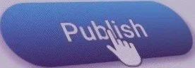A hand cursor clicking a blue "Publish" button on a textured background, representing a therapist overcoming the fear of vulnerability and launching a mental health blog.
