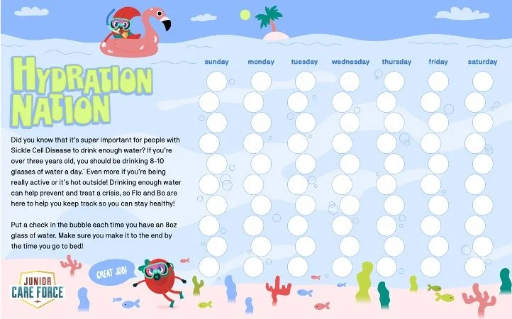 Flo and Bo, our Sickle Cell Siblings, help kids track their water intake with Hydration Nation.