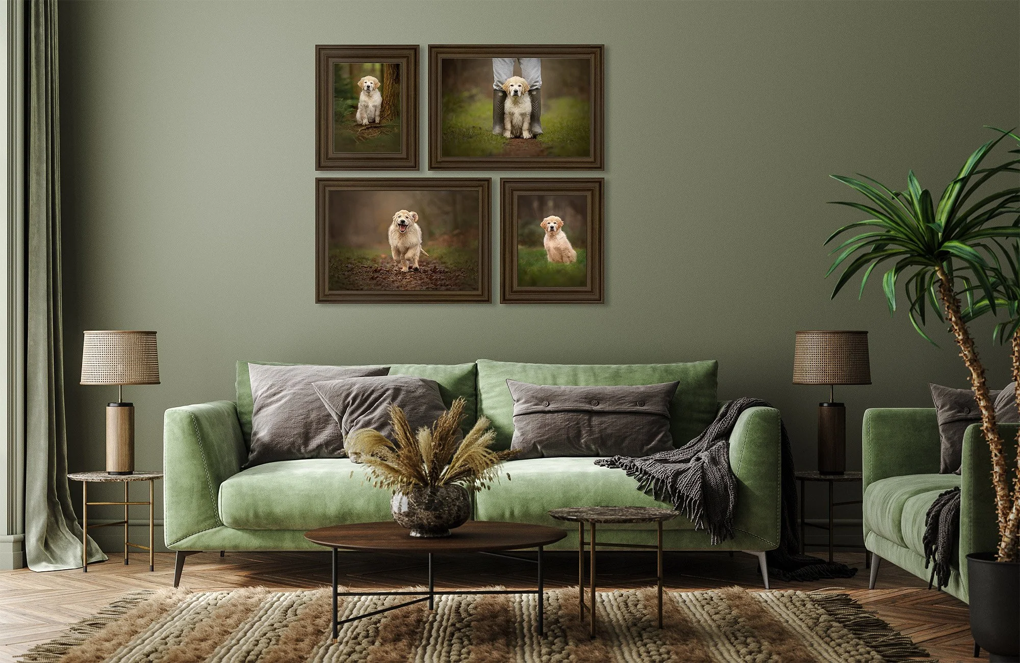 A living room with green sofas, a wooden coffee table with a vase of dried plants, side tables with lamps, a large potted plant, a patterned rug, and wall art featuring photos of dogs.