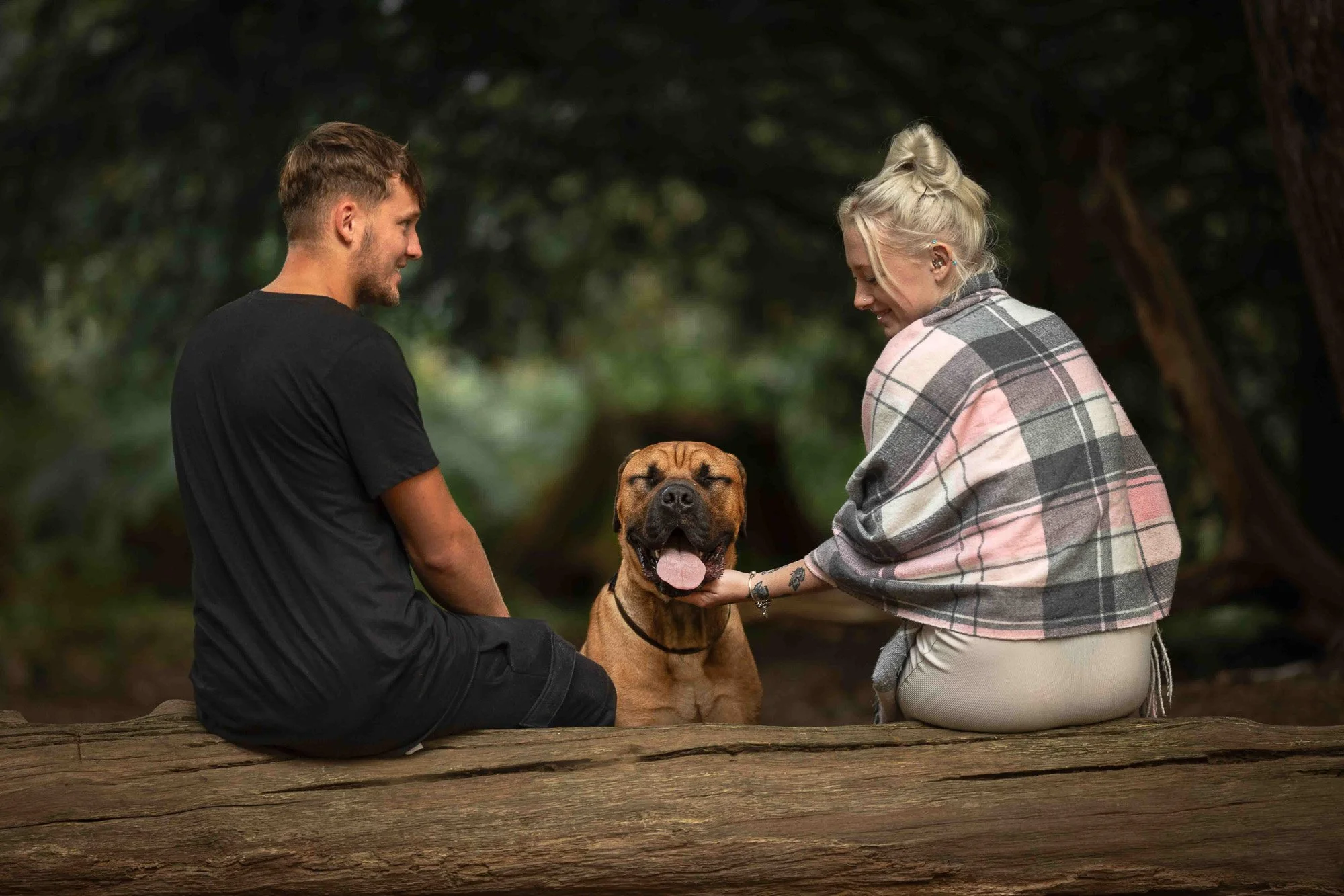 A man and woman sitting on a log in a forest, with a brown dog between them. The woman is touching the dog's face, and the dog appears happy with its eyes closed and tongue out.