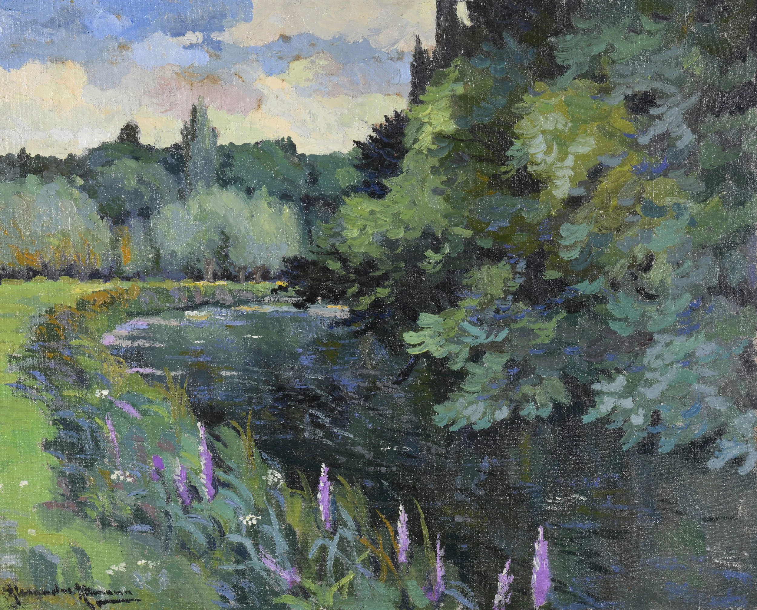 Adjugé 7 000 € - Alexandre ALTMANN (1878-1932), "Paysage à la rivière", Huile sur toile
