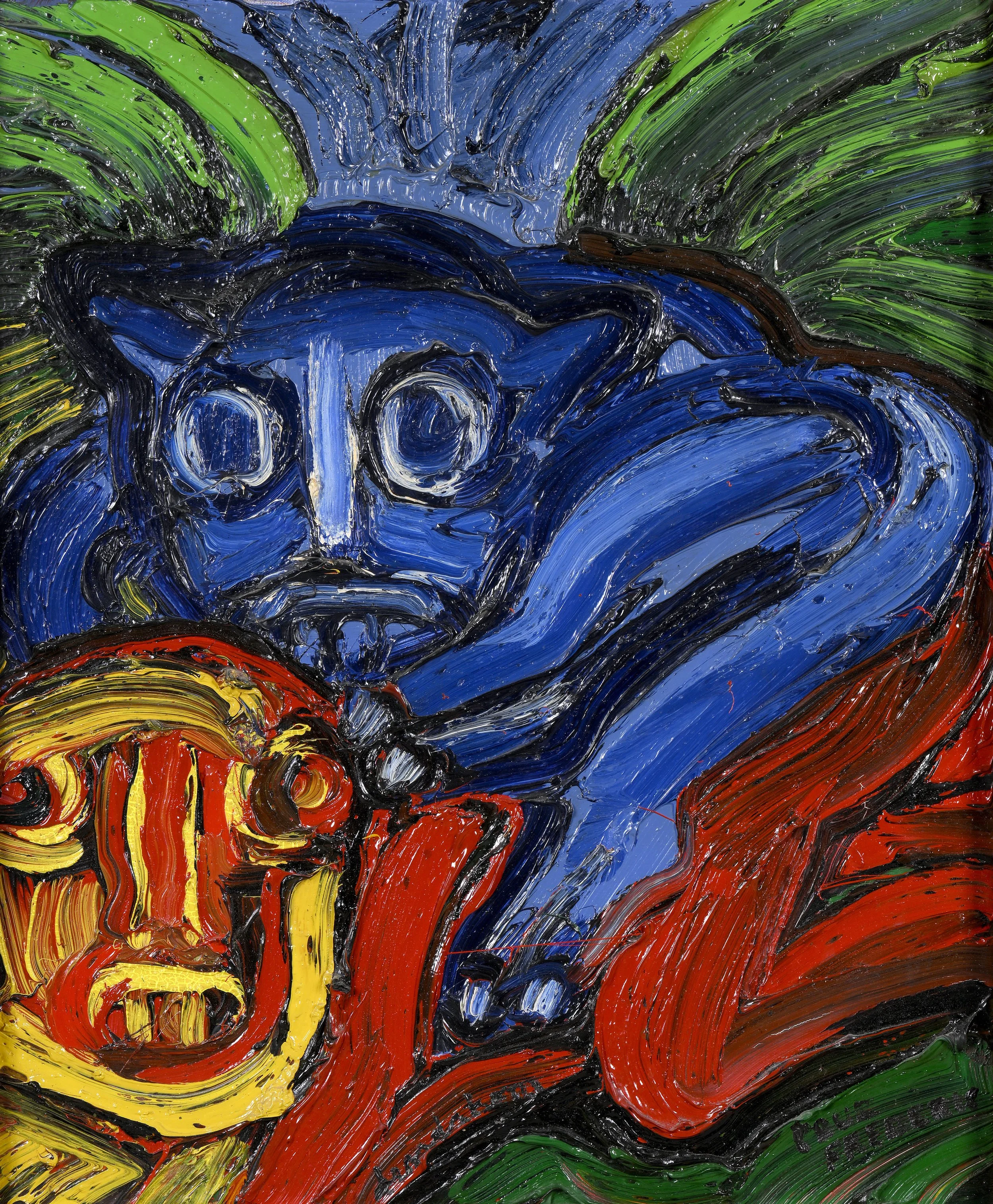 Adjugé 4 500 € - Bengt LINDSTRÖM (1925-2008), "Chat bleu, Viking", Huile sur toile