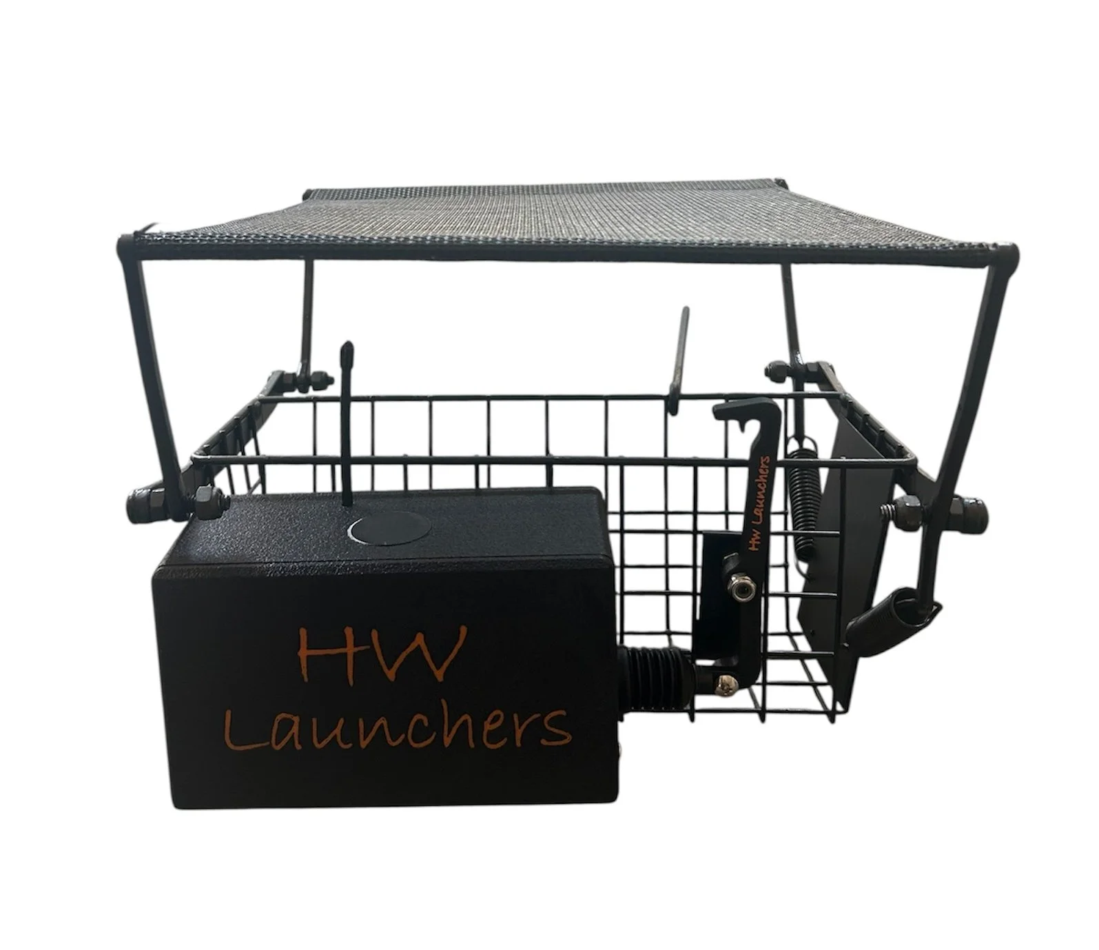 A small black metal launch mechanism with the words 'HW Launchers' written on it, attached to a metal basket with a mesh roof, used for launching small objects or devices.