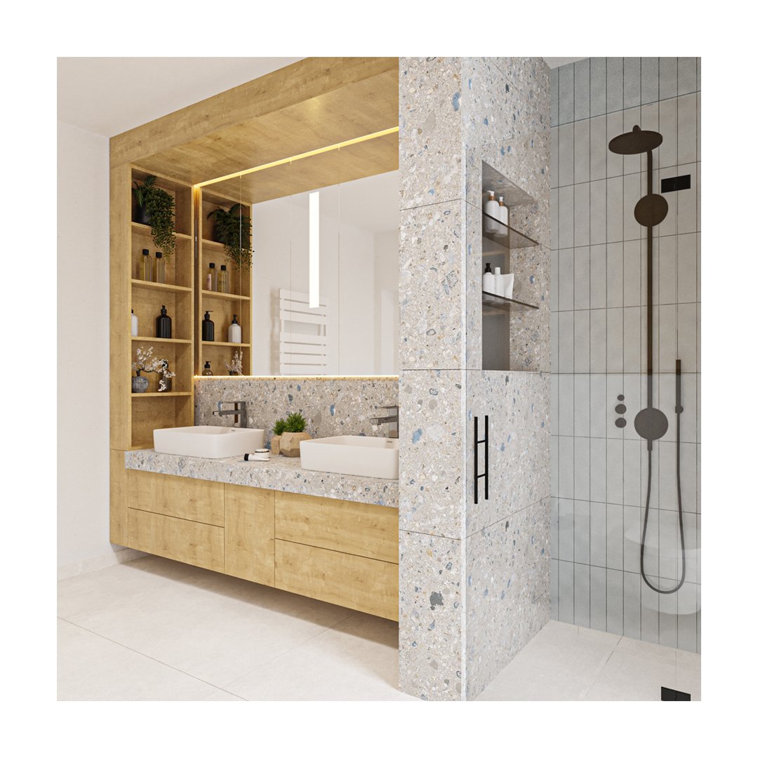 🛀 Baile Casei 19HM 

👨&zwj;💻 Habitat studio x Archibet 

📸 Vizualizare 3d by @solid.element 

#interiordesign #architecture #bathroomdesign #earthytones #samesamebutdifferent #terrazzotiles #welovewhatwedo