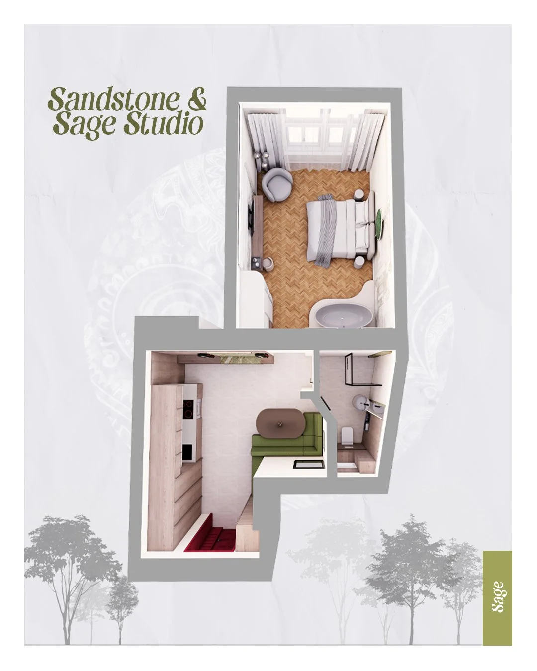 Sandstone &amp; Sage Studio 🌿
Un spațiu mic, g&acirc;ndit cu intenție.

Am pornit de la materiale naturale, texturi calde și accente de verde pentru a crea un interior echilibrat, calm și funcțional.
Fiecare colț este optimizat, fără compromisuri es